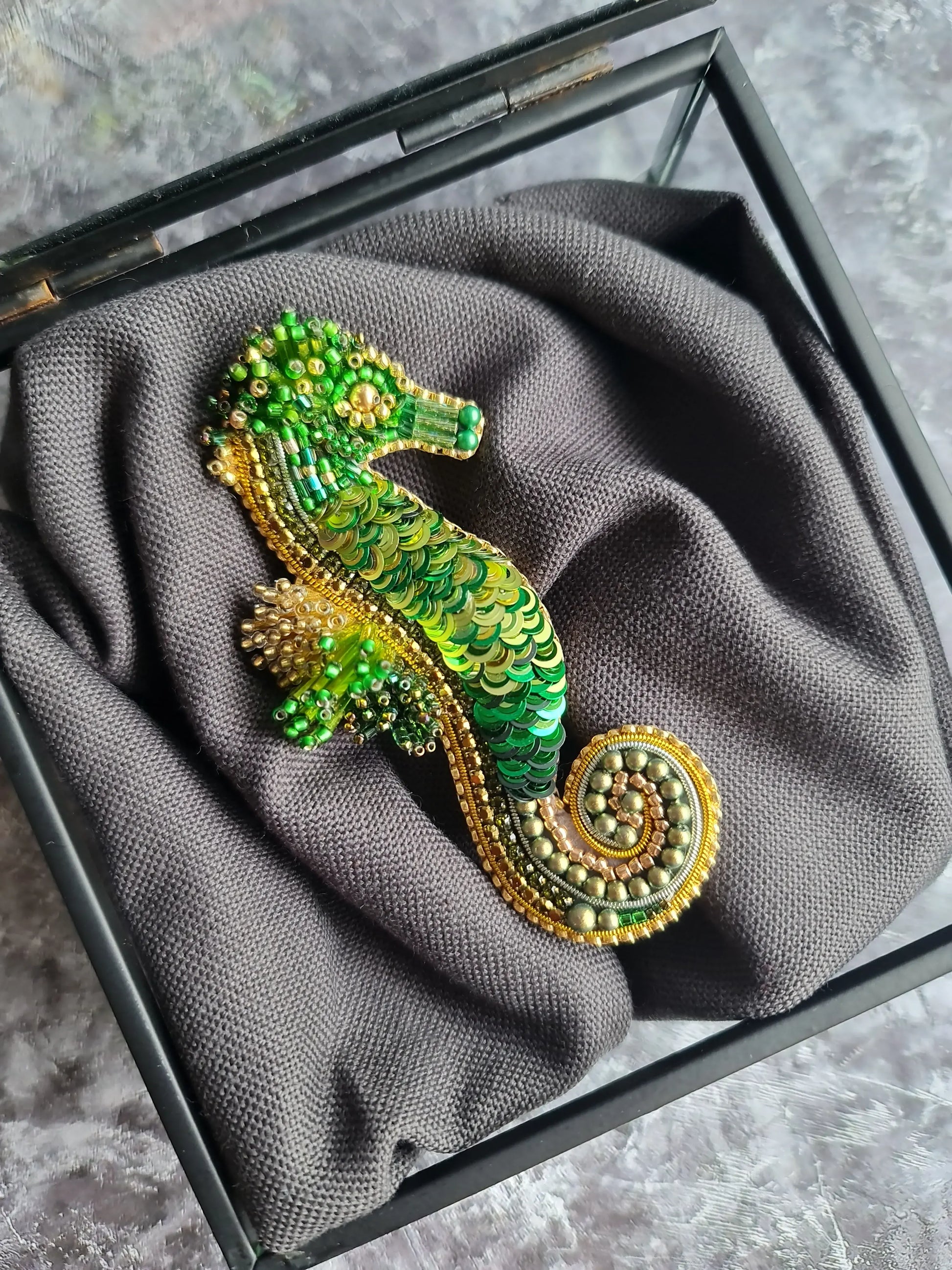 Green Seahorse Beaded Brooch