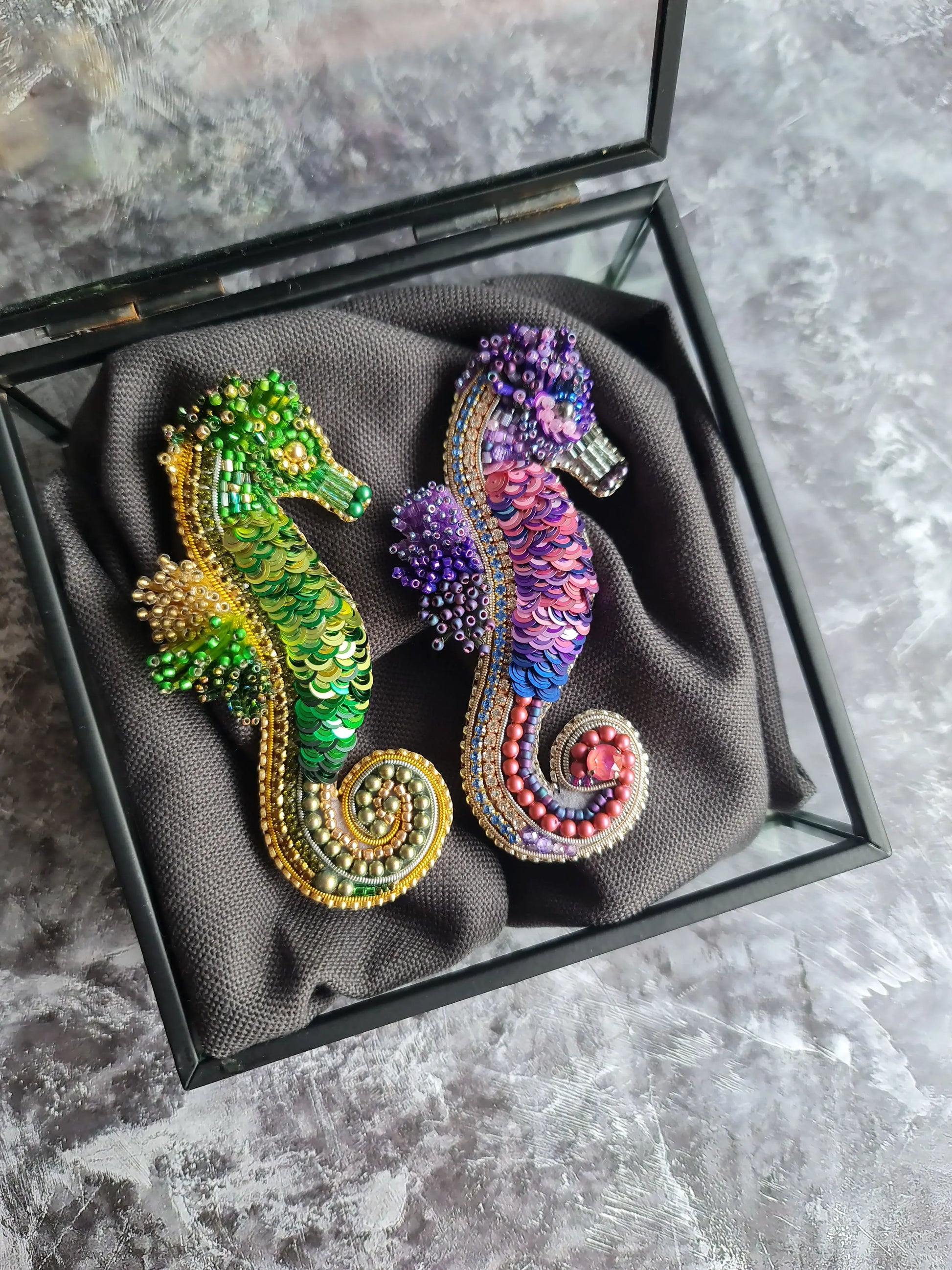Green Seahorse Beaded Brooch