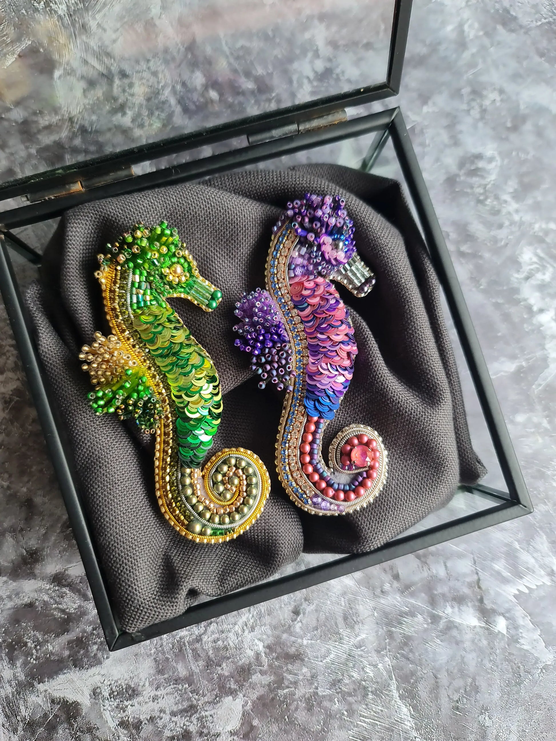 Green Seahorse Beaded Brooch