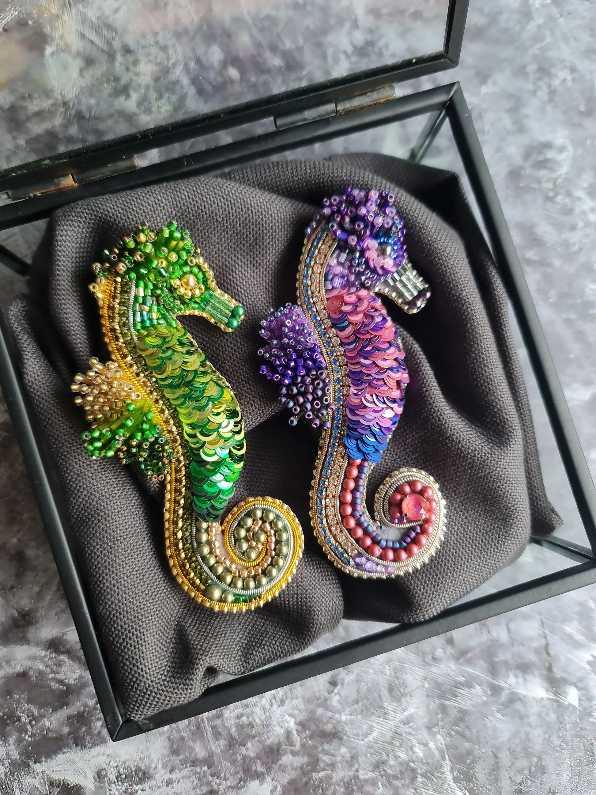 Green Seahorse Beaded Brooch