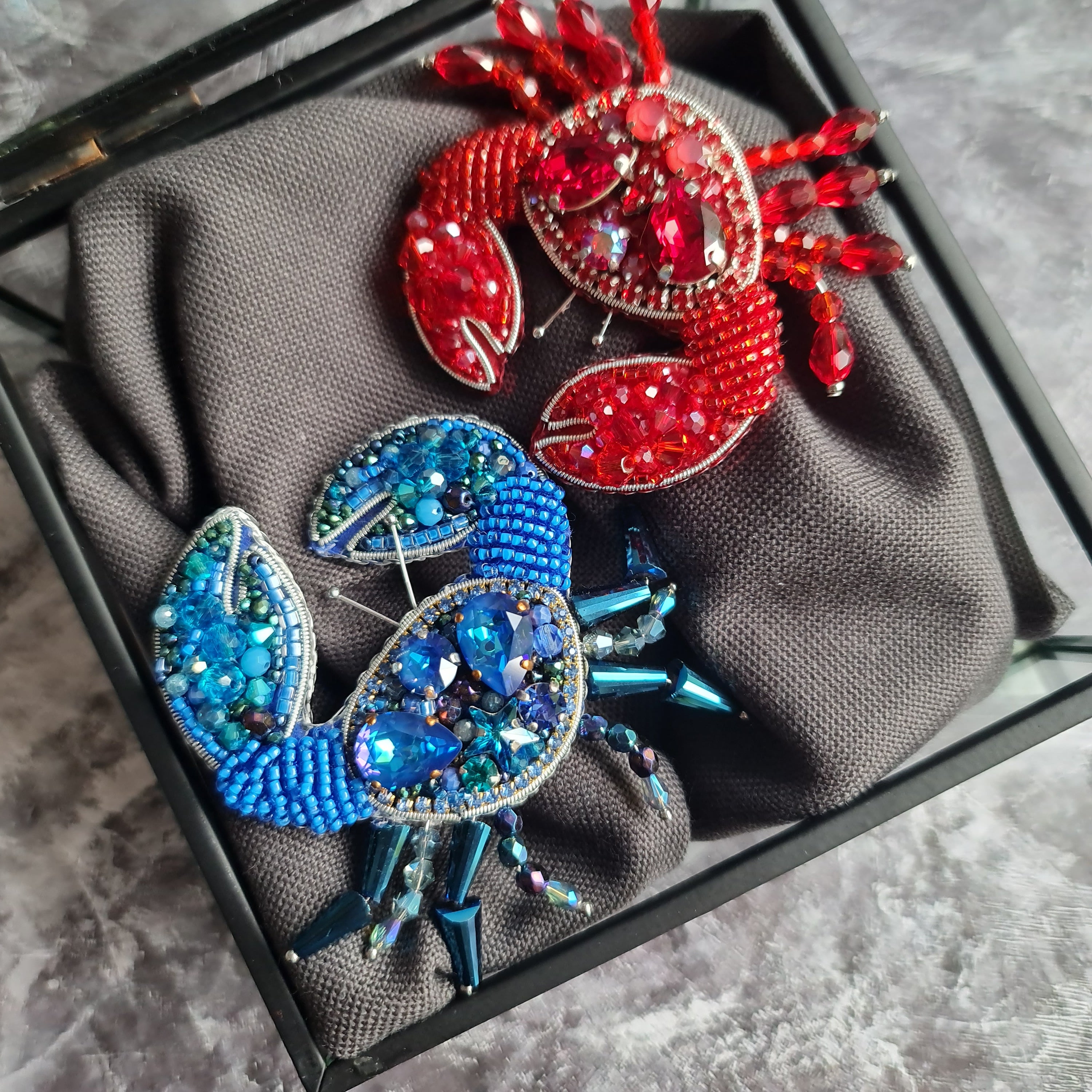 Crab beaded brooches hand embroidered in red and blue colors with crystals beads and metallic details