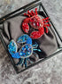 Crab beaded brooches hand embroidered in red and blue colors with crystals beads and metallic details