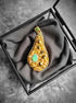 Golden pear beaded brooch hand embroidered with gold beads, pearls, black crystals, and sparkling fruit details