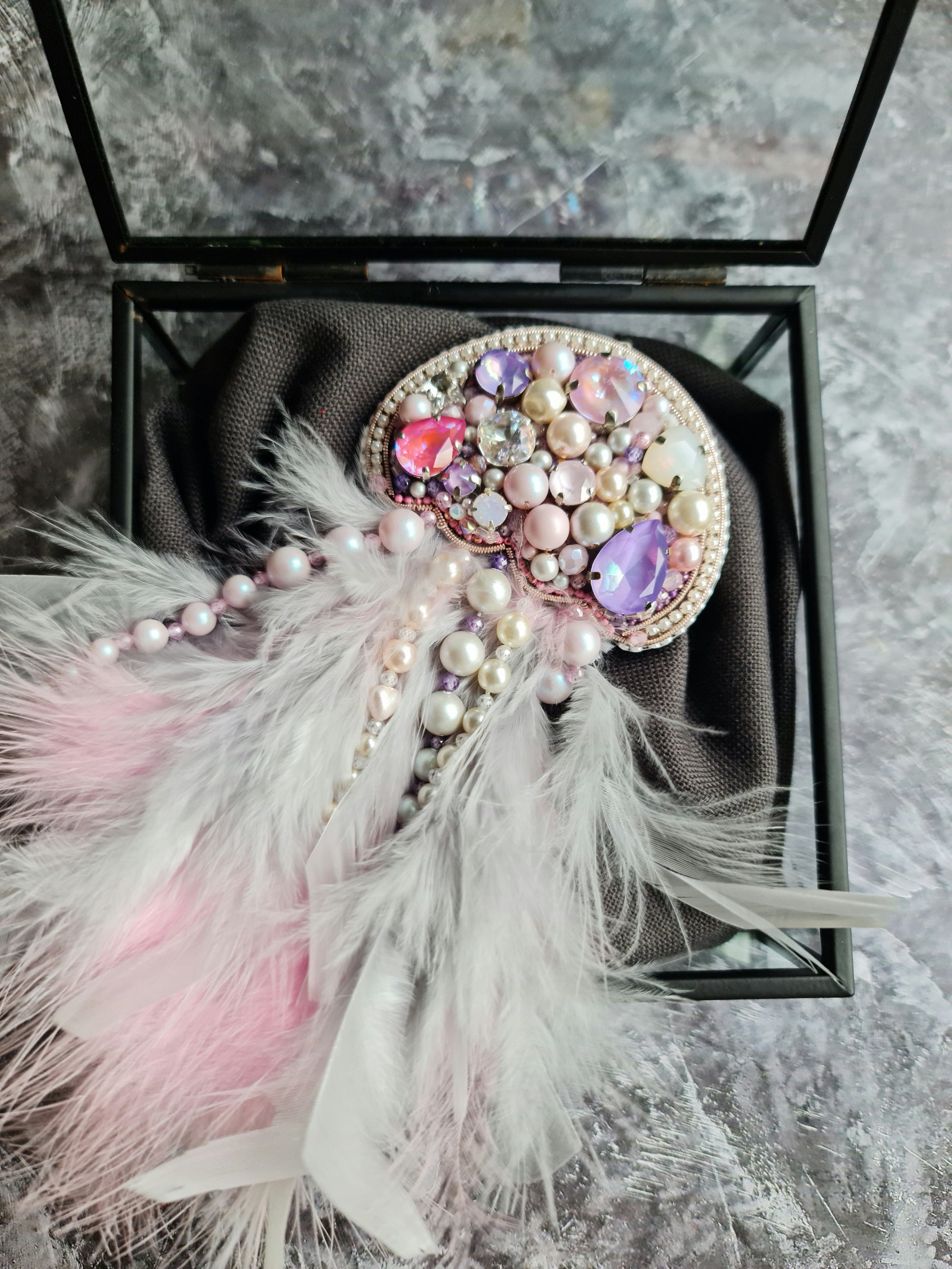 Pink Feather Jellyfish Beaded Brooch