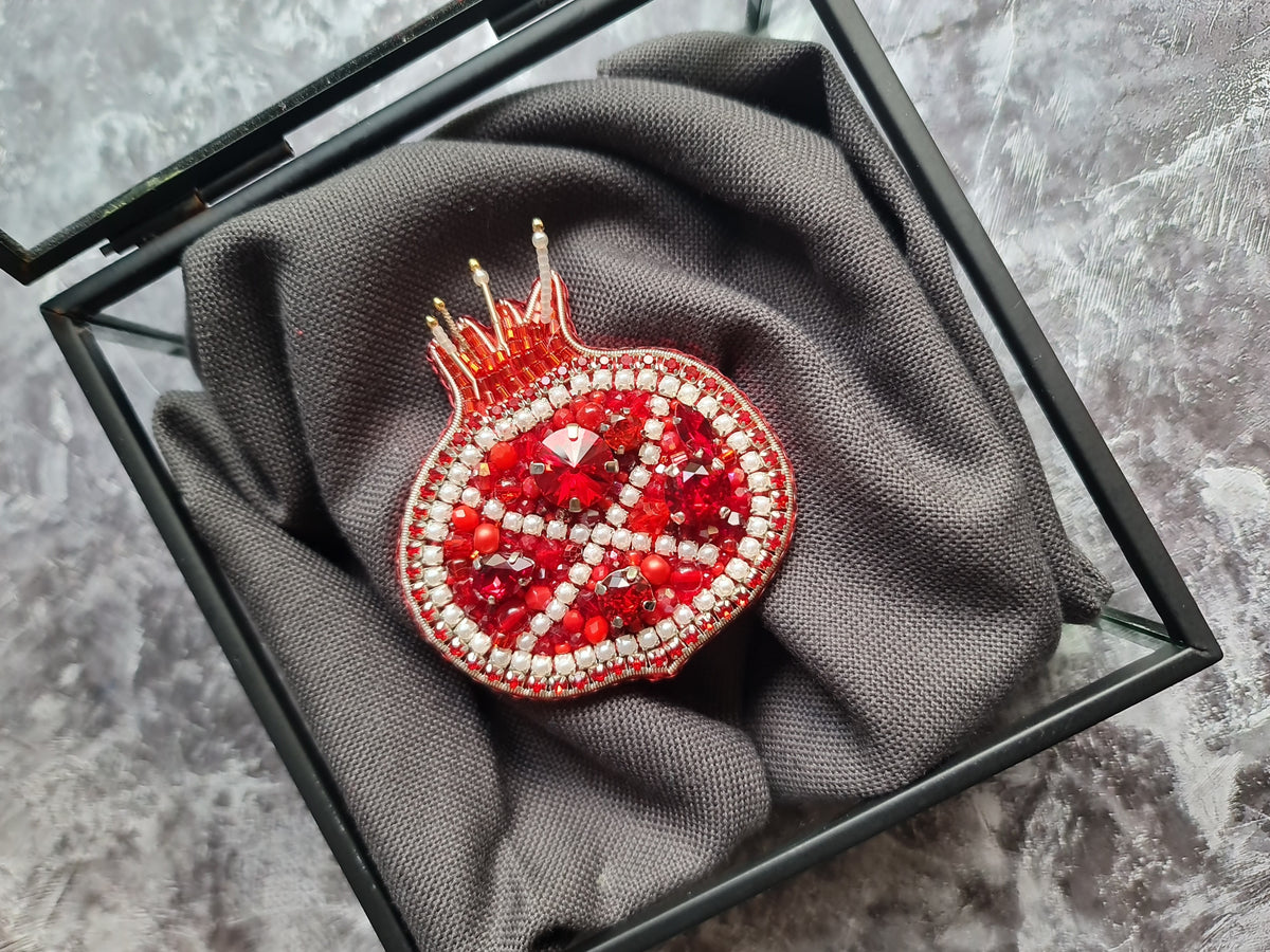 Large Pomegranate Beaded Brooch, Hand Embroidered Fruit Pin, Statement Jewelry