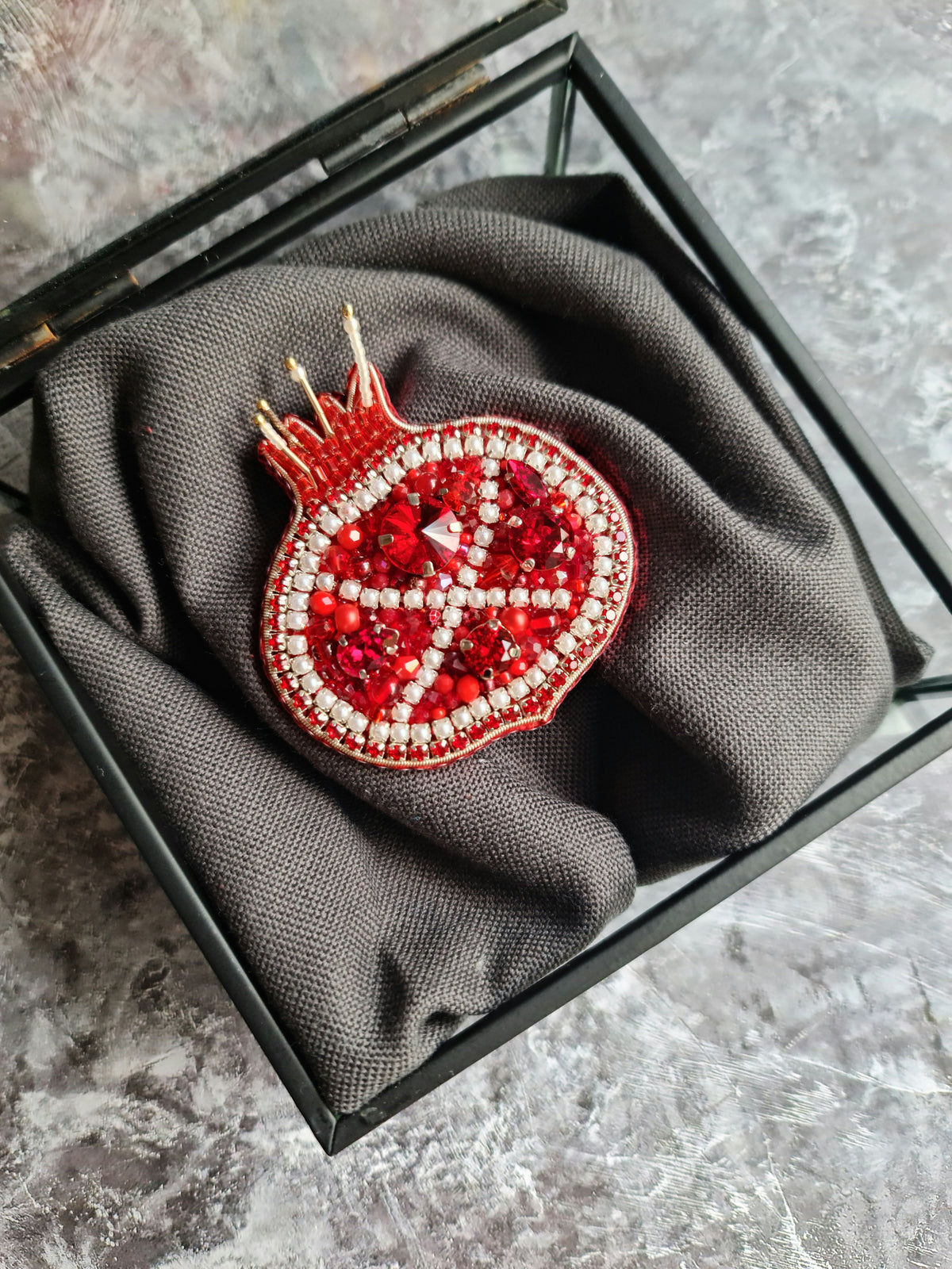 Large Pomegranate Beaded Brooch, Hand Embroidered Fruit Pin, Statement Jewelry