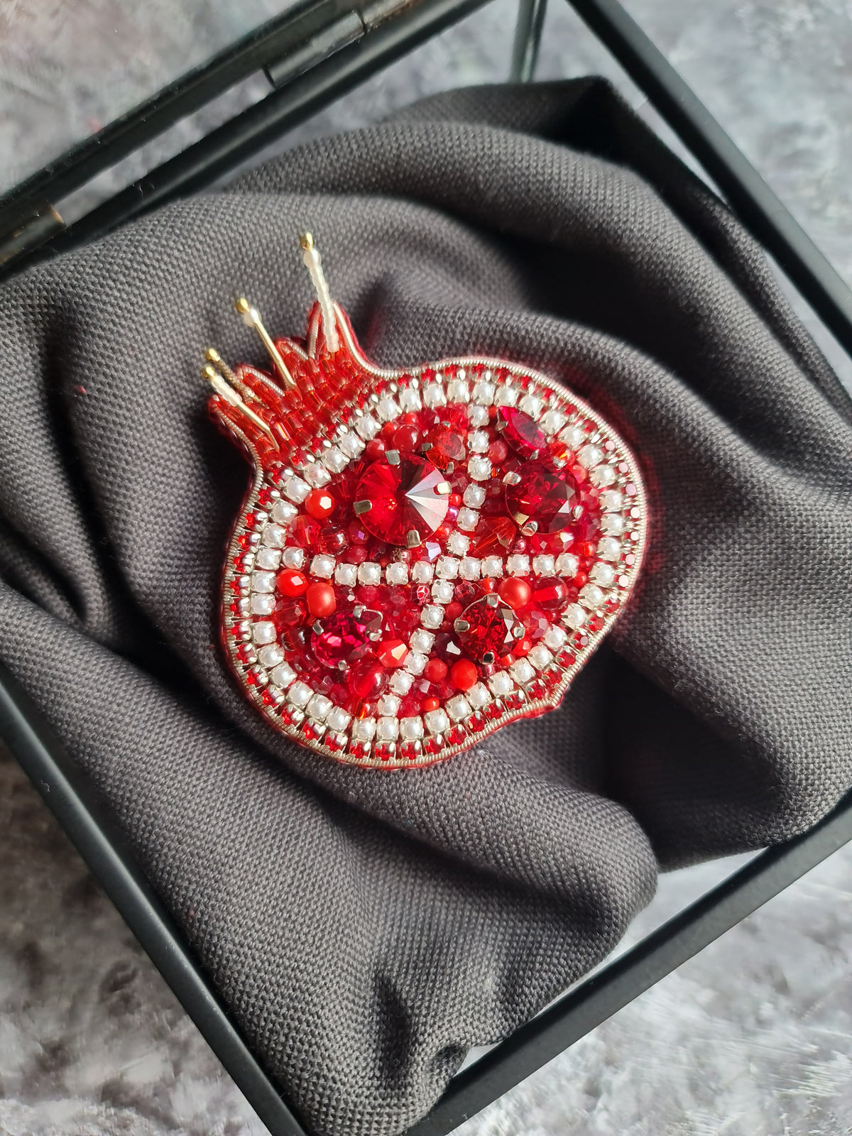 Large Pomegranate Beaded Brooch, Hand Embroidered Fruit Pin, Statement Jewelry