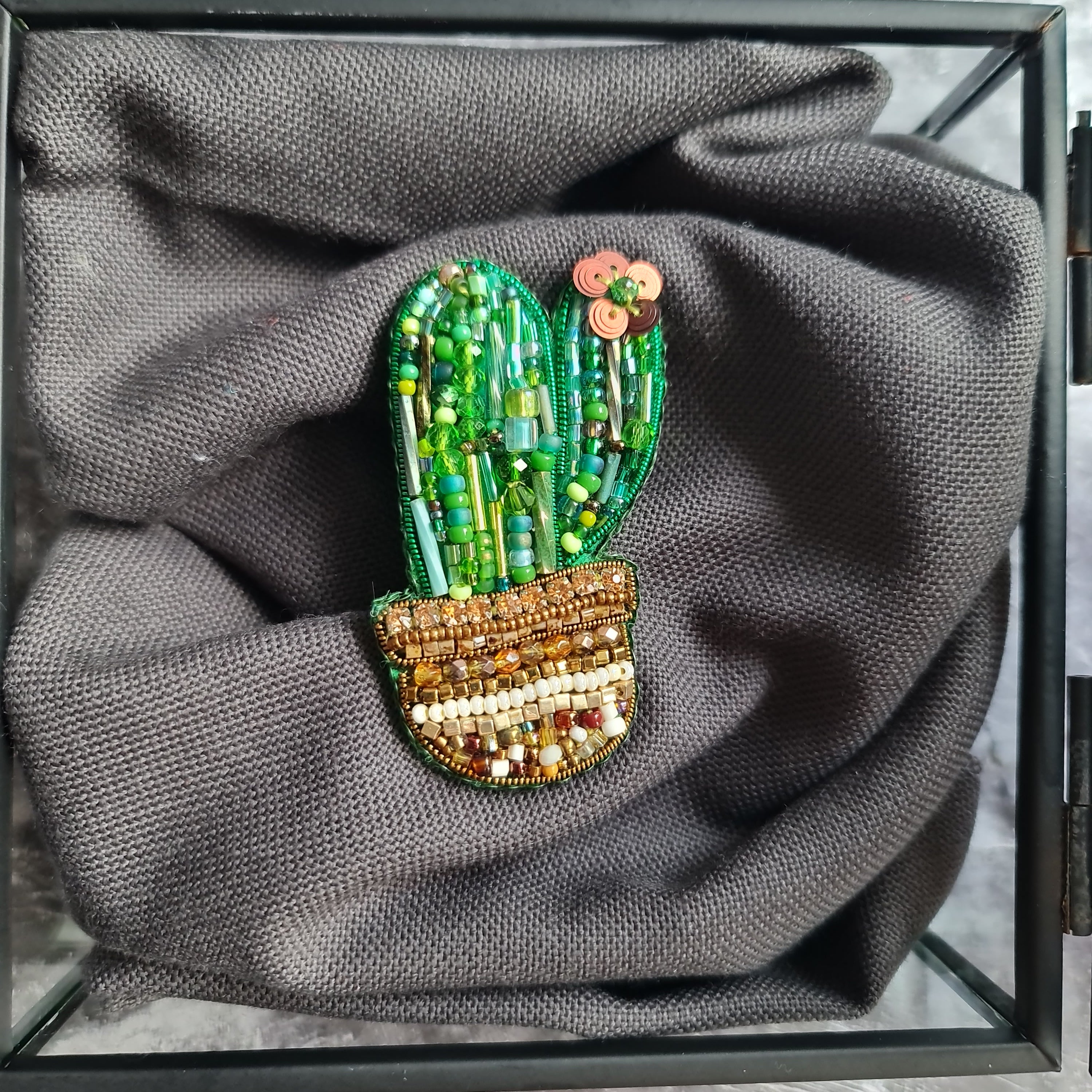 Small Green Cactus in Pot Beaded Brooch, Handmade Botanical Pin, Statement Jewelry