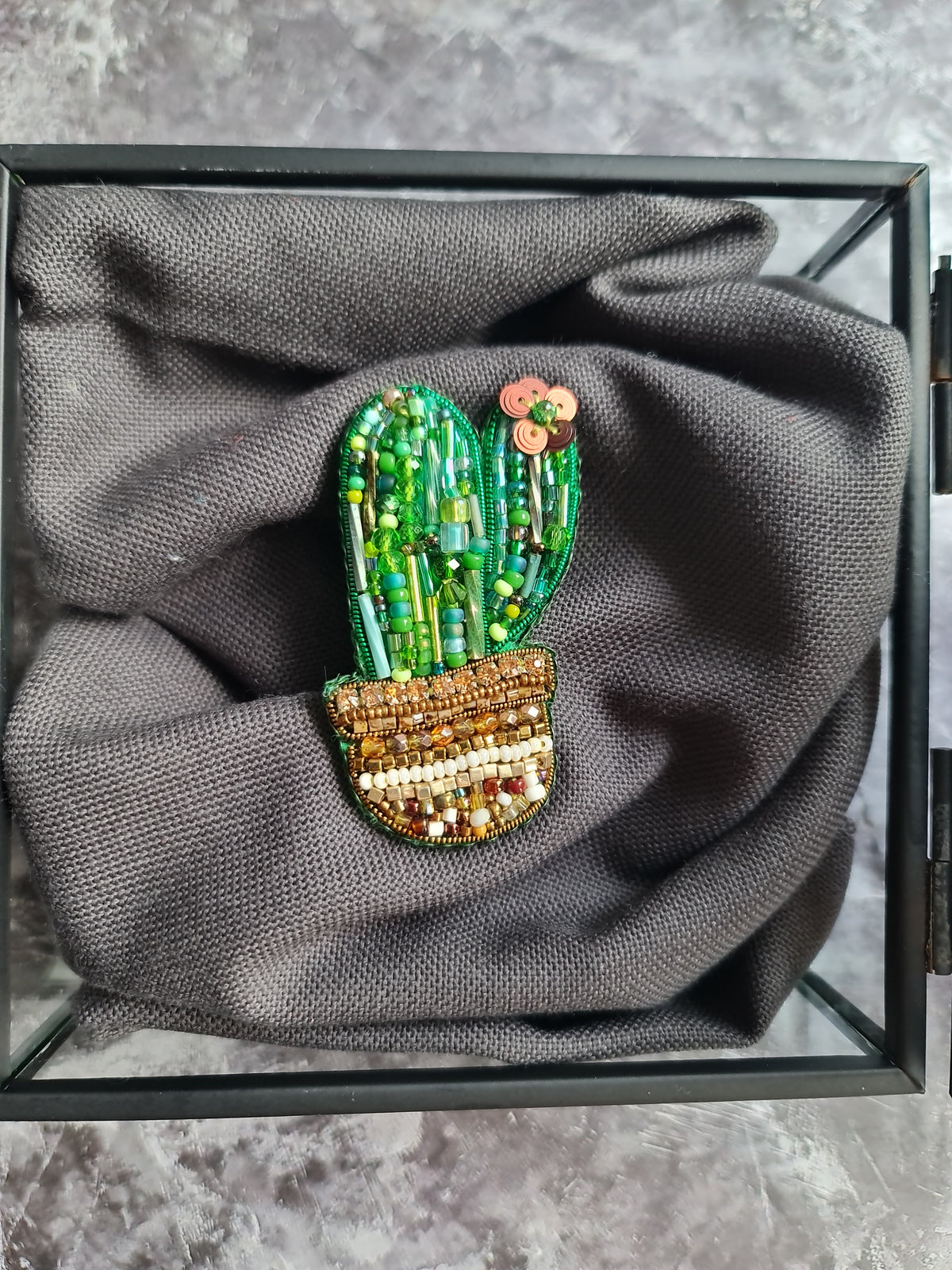 Small Green Cactus in Pot Beaded Brooch, Handmade Botanical Pin, Statement Jewelry