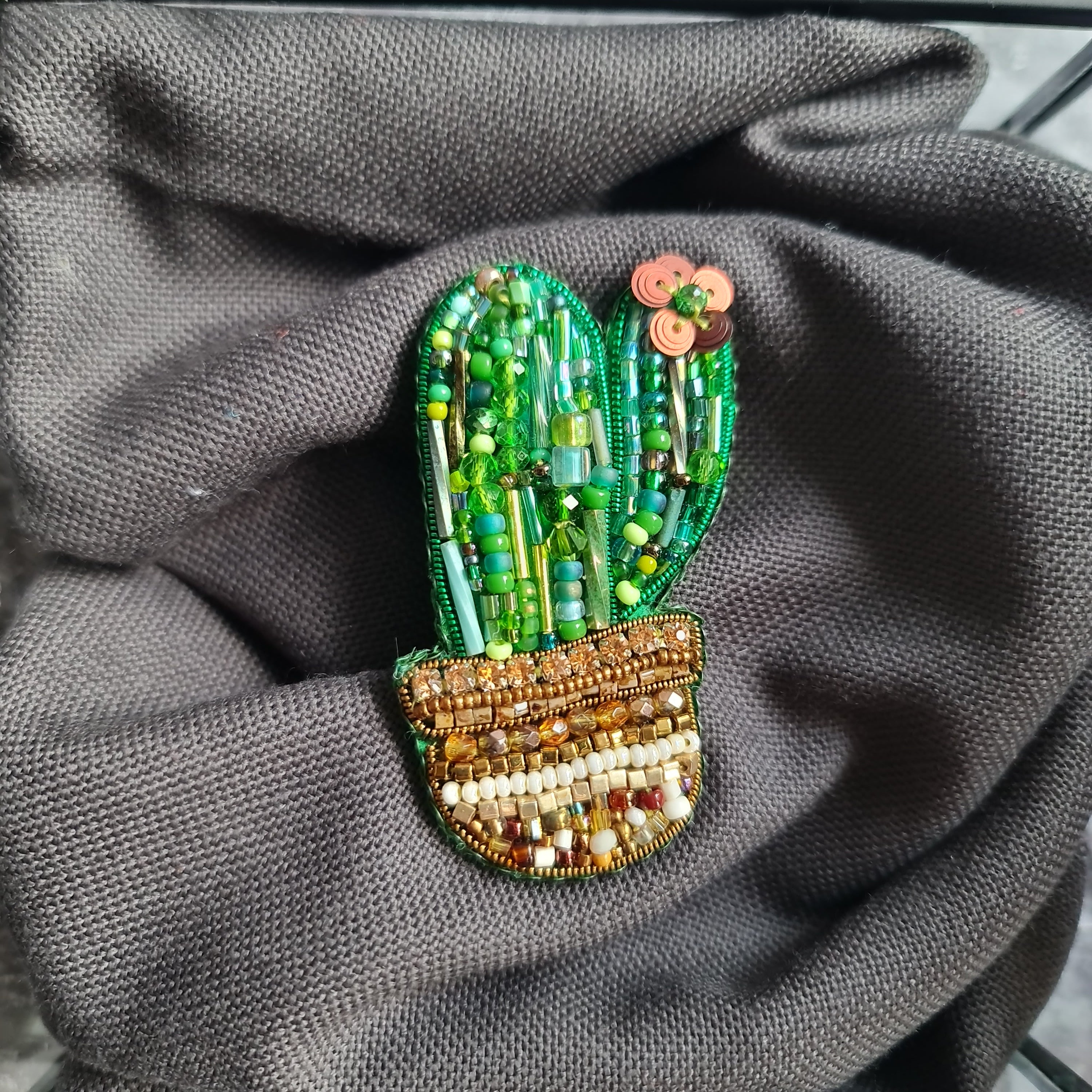 Small Green Cactus in Pot Beaded Brooch, Handmade Botanical Pin, Statement Jewelry