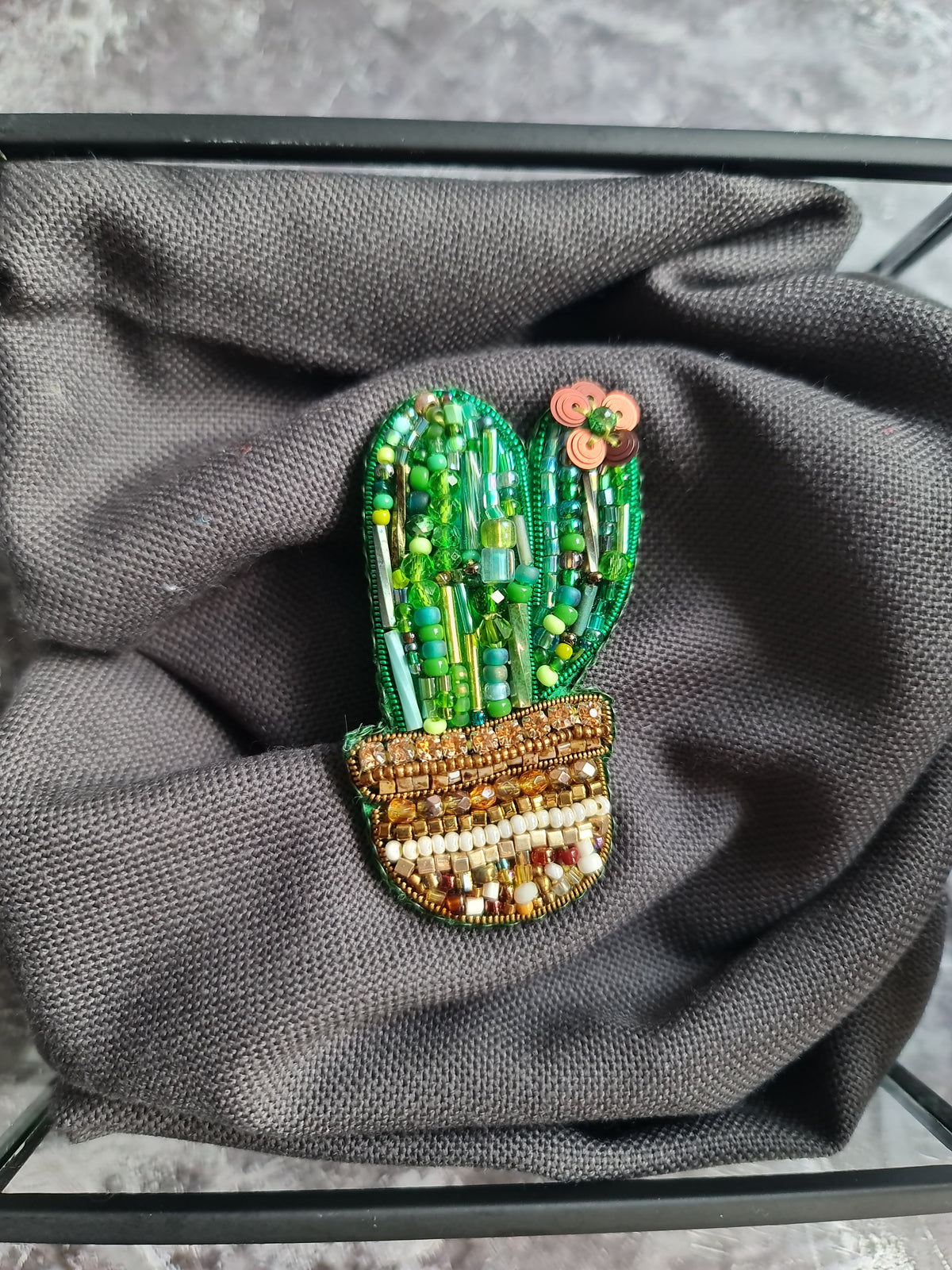 Small Green Cactus in Pot Beaded Brooch, Handmade Botanical Pin, Statement Jewelry