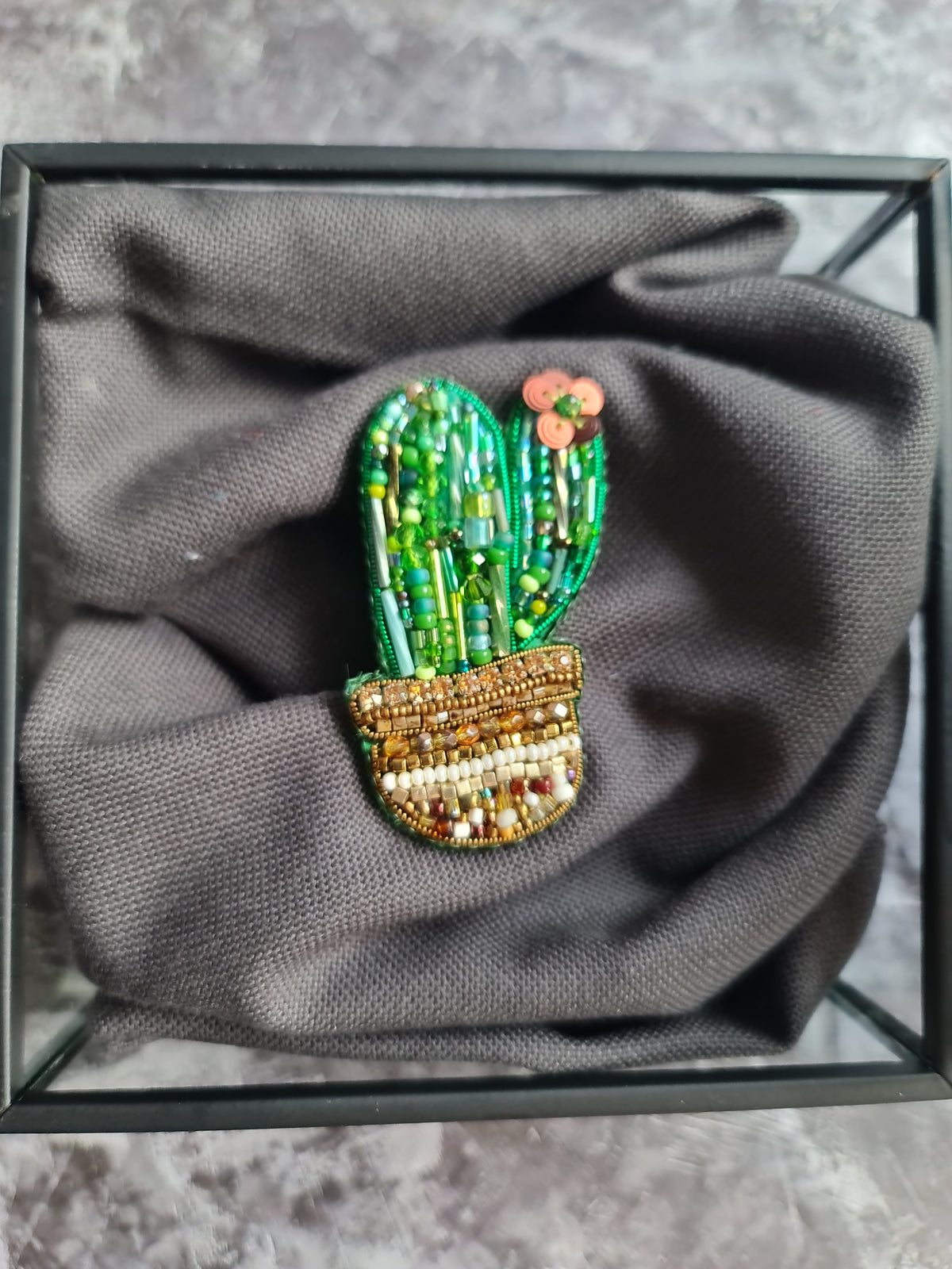 Small Green Cactus in Pot Beaded Brooch, Handmade Botanical Pin, Statement Jewelry