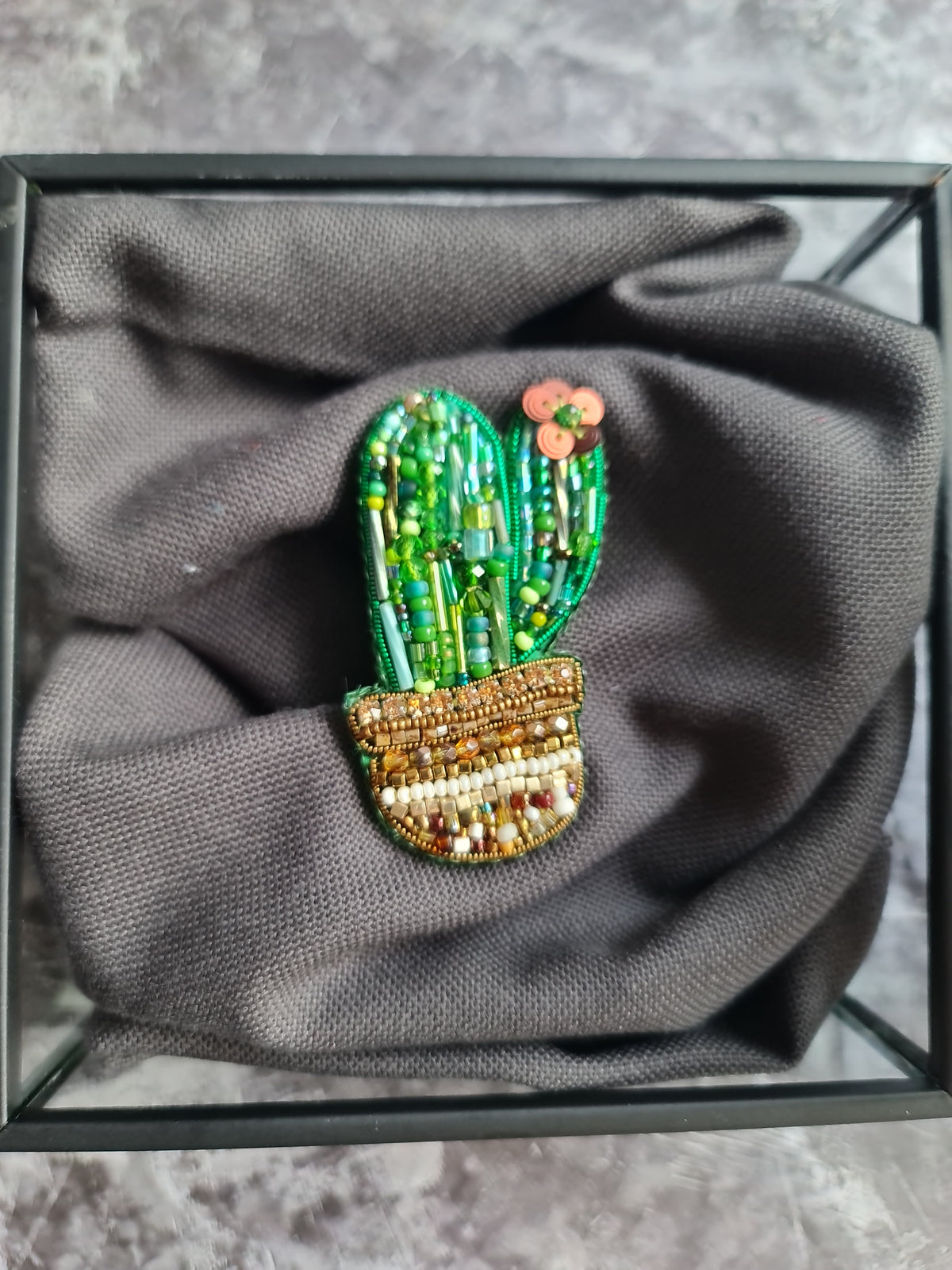 Small Green Cactus in Pot Beaded Brooch, Handmade Botanical Pin, Statement Jewelry