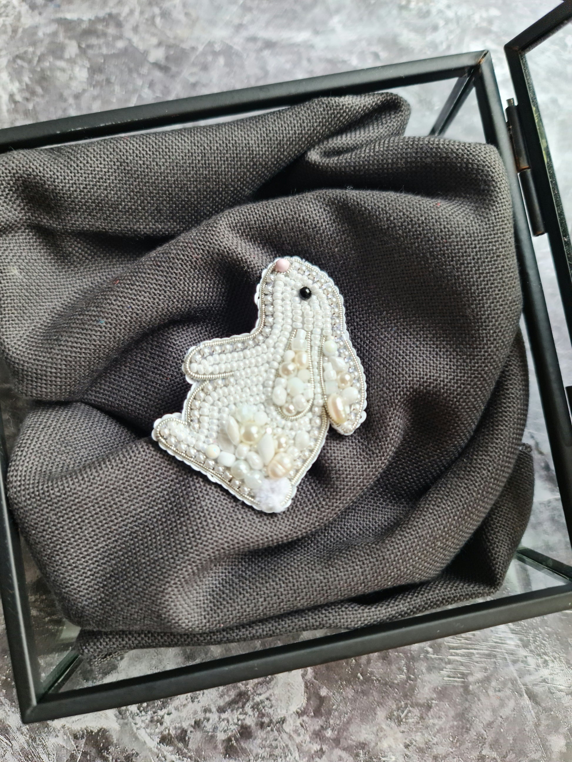 White mini bunny beaded brooch hand embroidered with pearls beads and crystal details