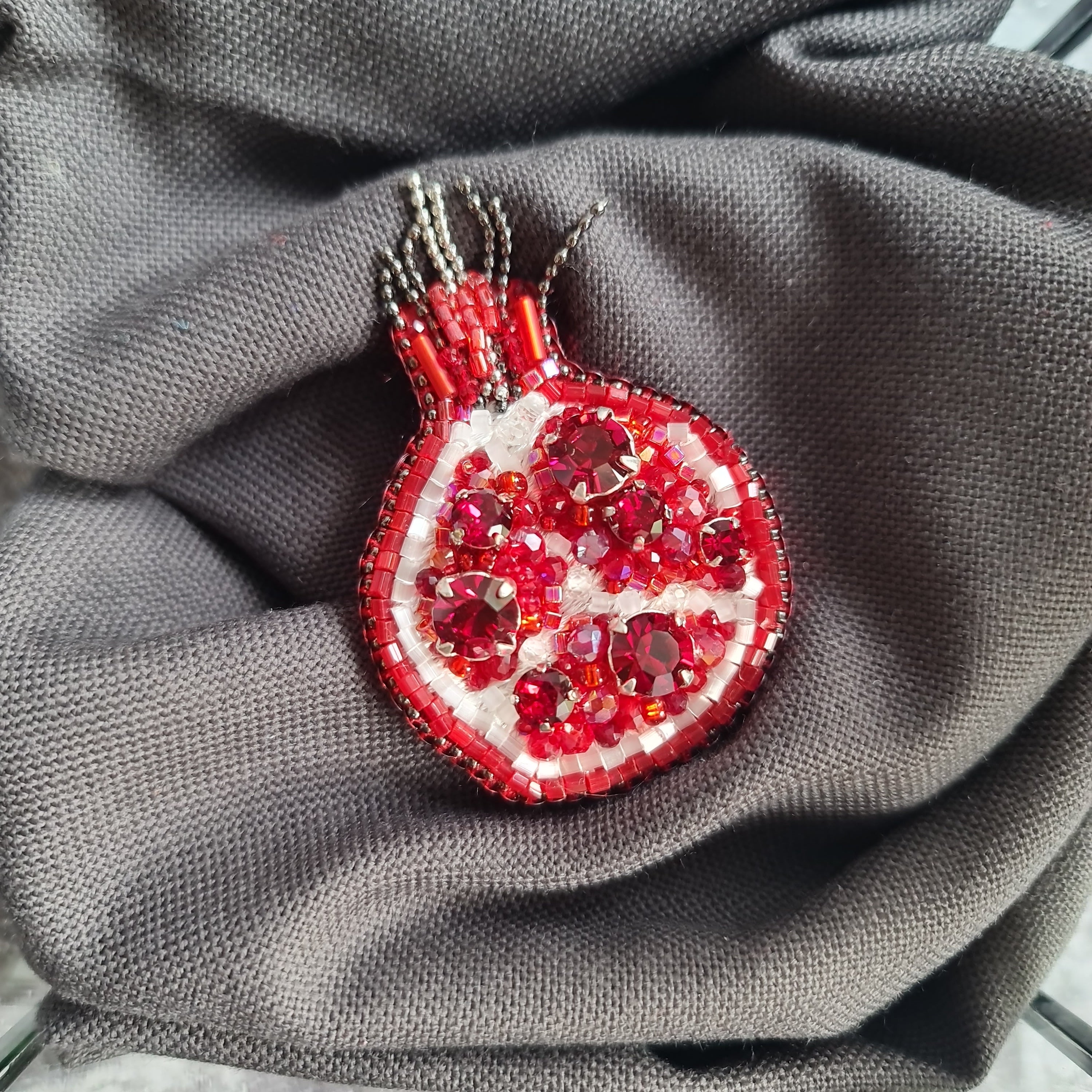 Large Pomegranate Beaded Brooch, Hand Embroidered Fruit Pin, Statement Jewelry