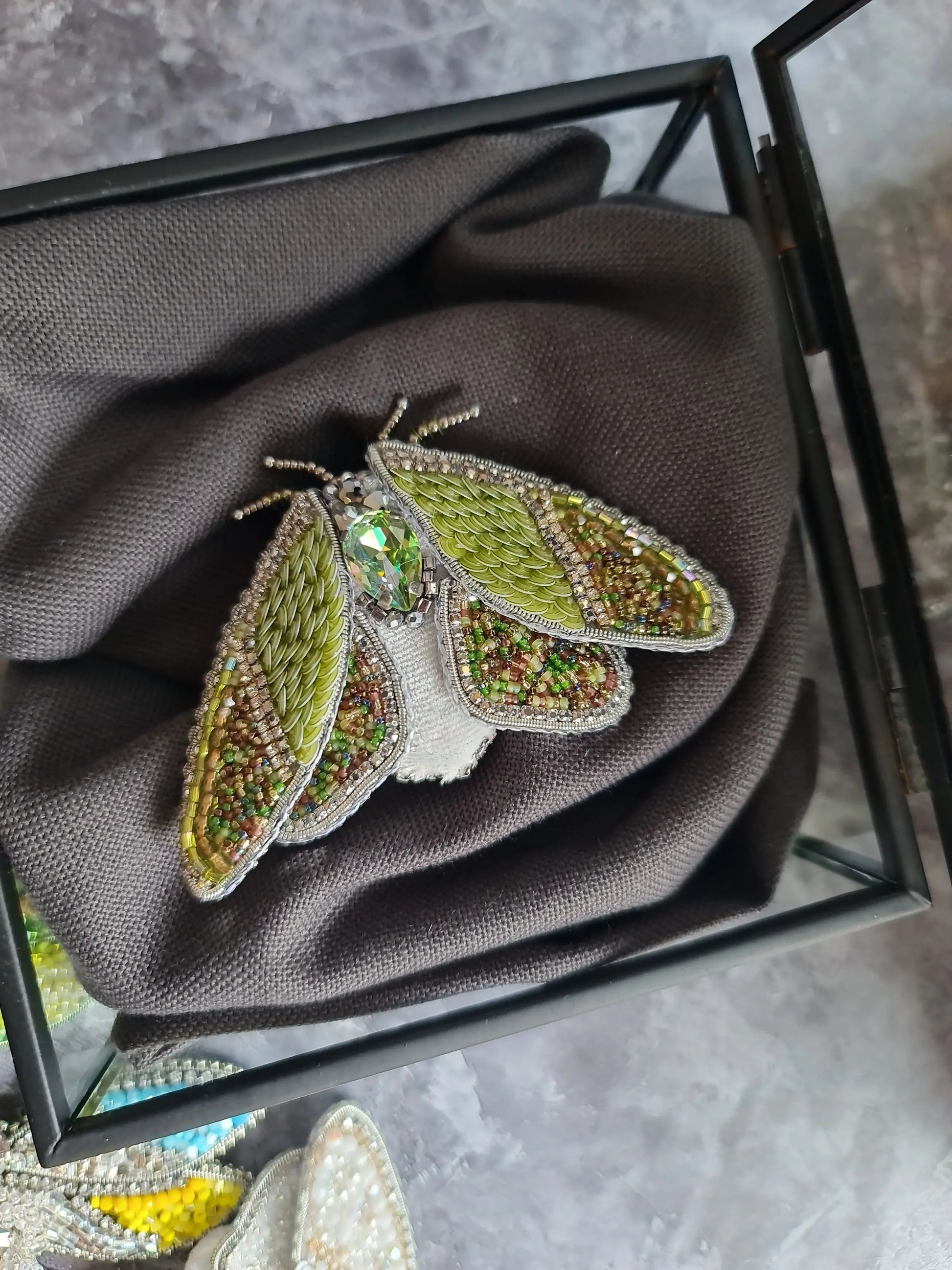 Mystic Green Moth Beaded Brooch