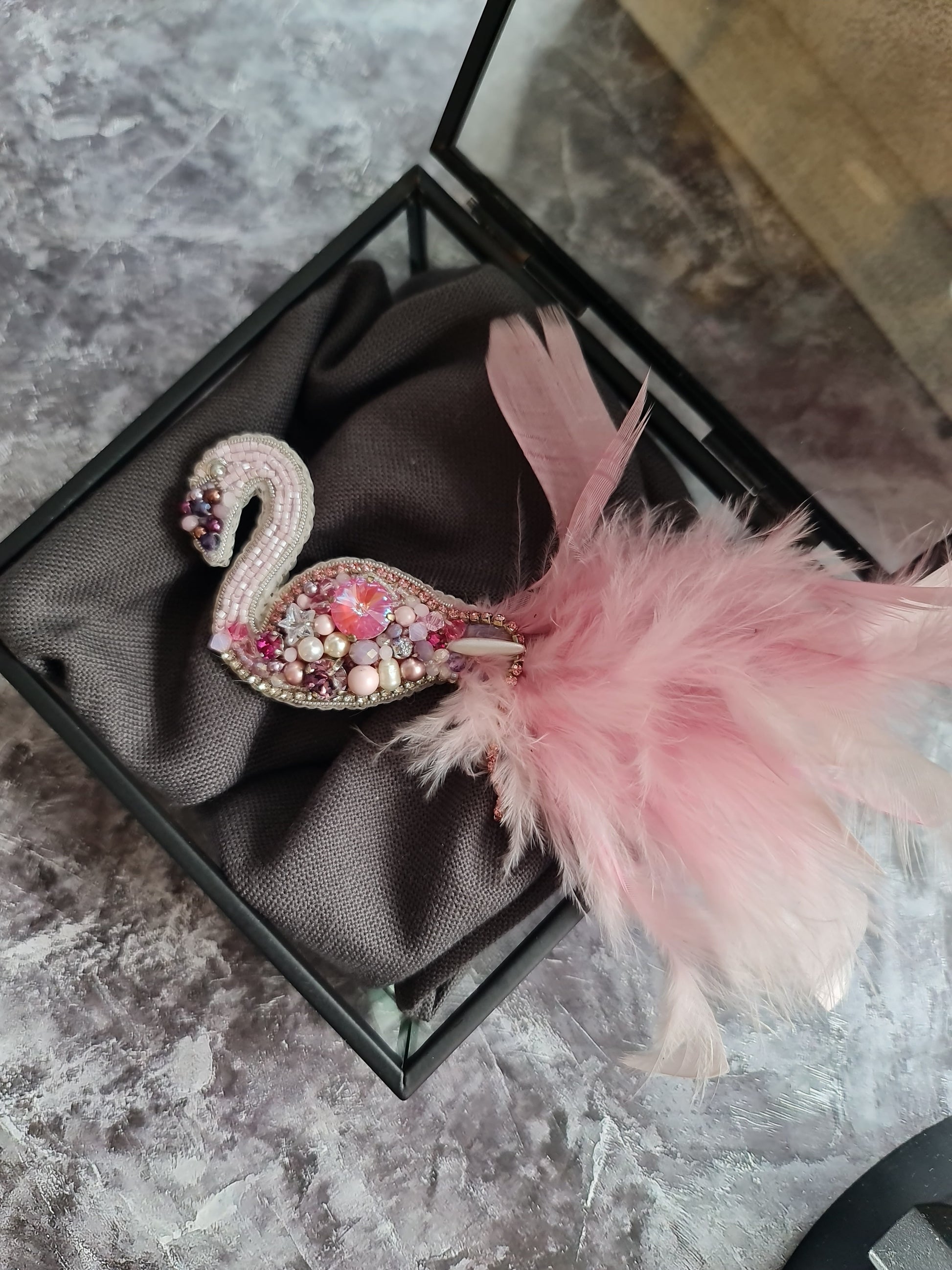 Pink flamingo beaded brooch hand embroidered with pink crystals, beads, soft feathers, and sparkling bird details