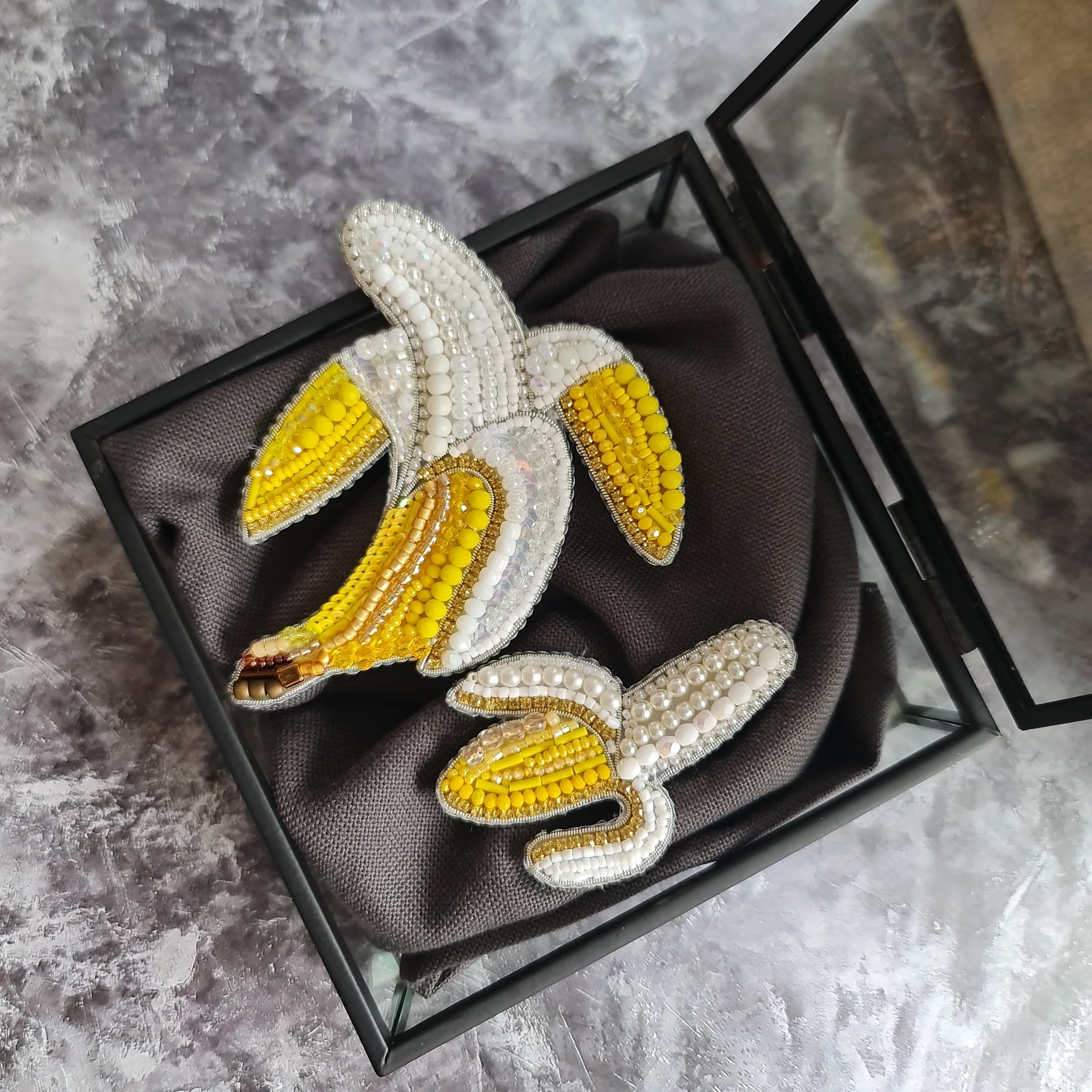 Mini banana beaded brooch hand embroidered with yellow and white beads