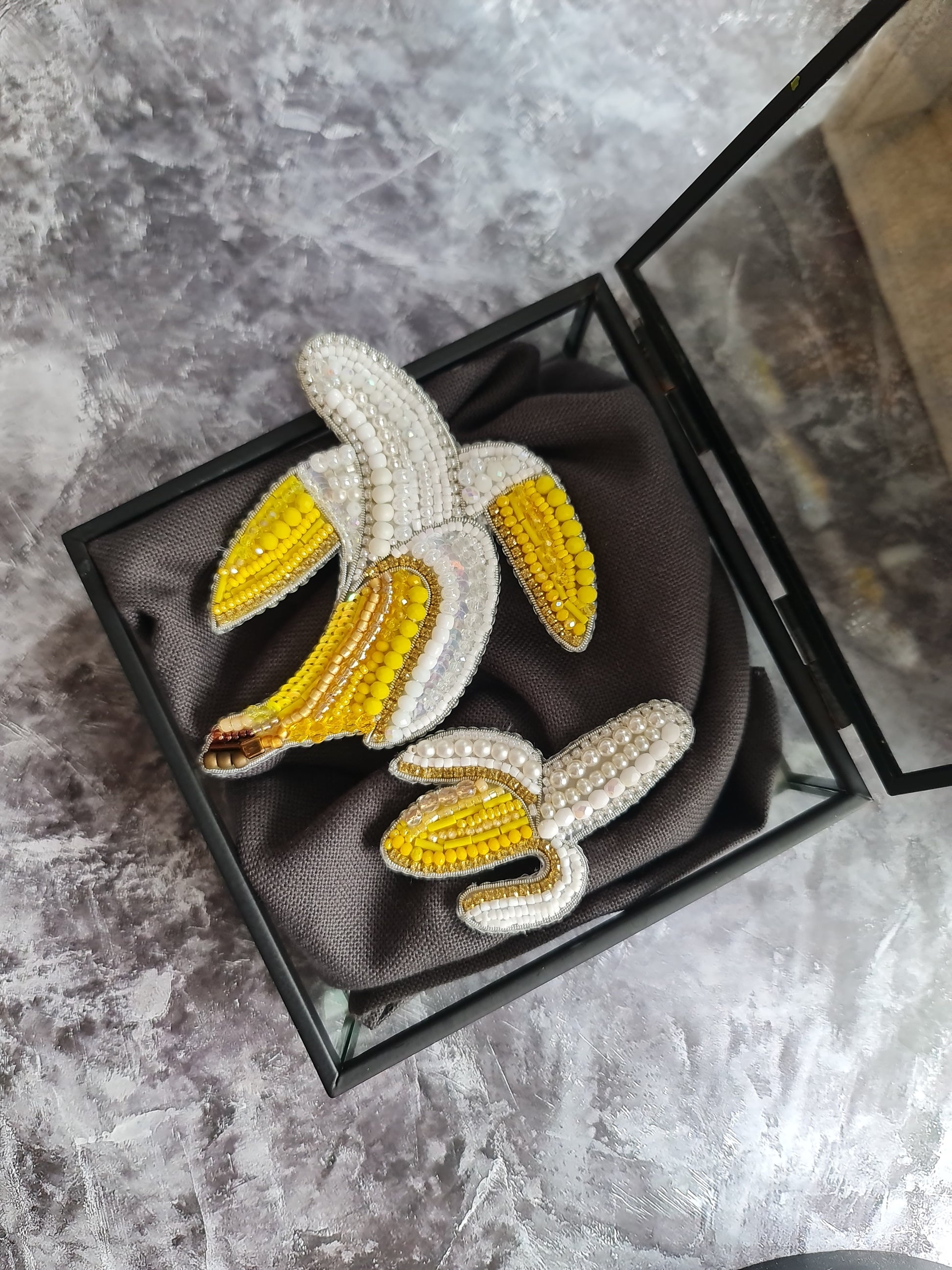 Mini banana beaded brooch hand embroidered with yellow and white beads