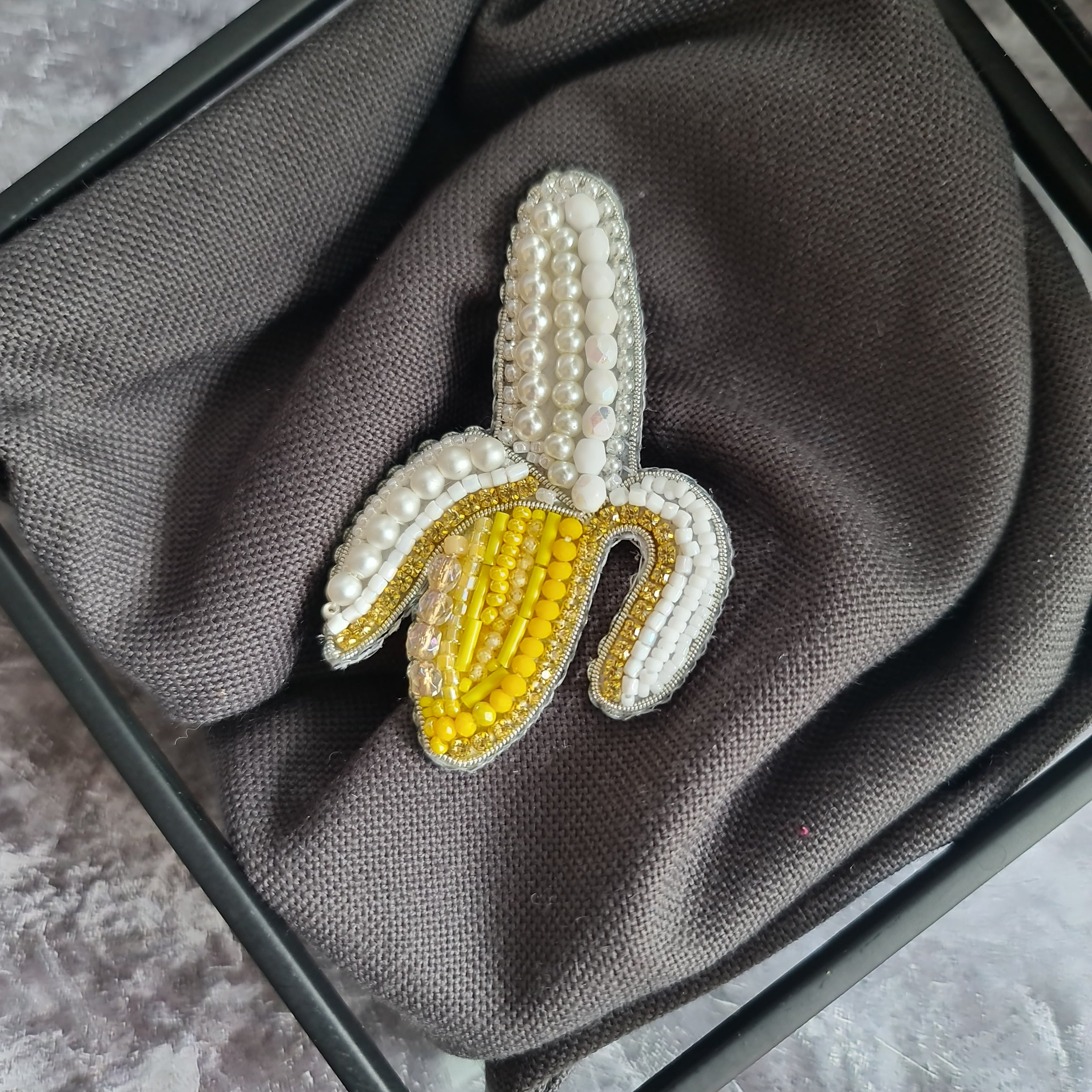 Mini banana beaded brooch hand embroidered with yellow and white beads