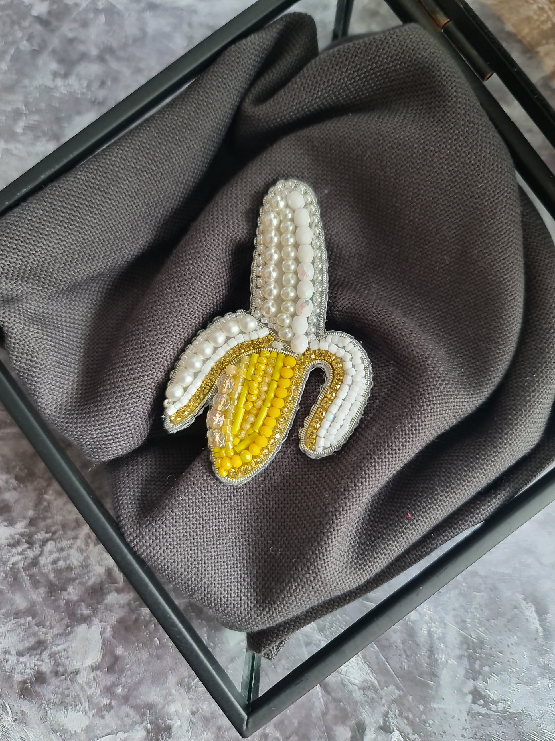 Mini banana beaded brooch hand embroidered with yellow and white beads