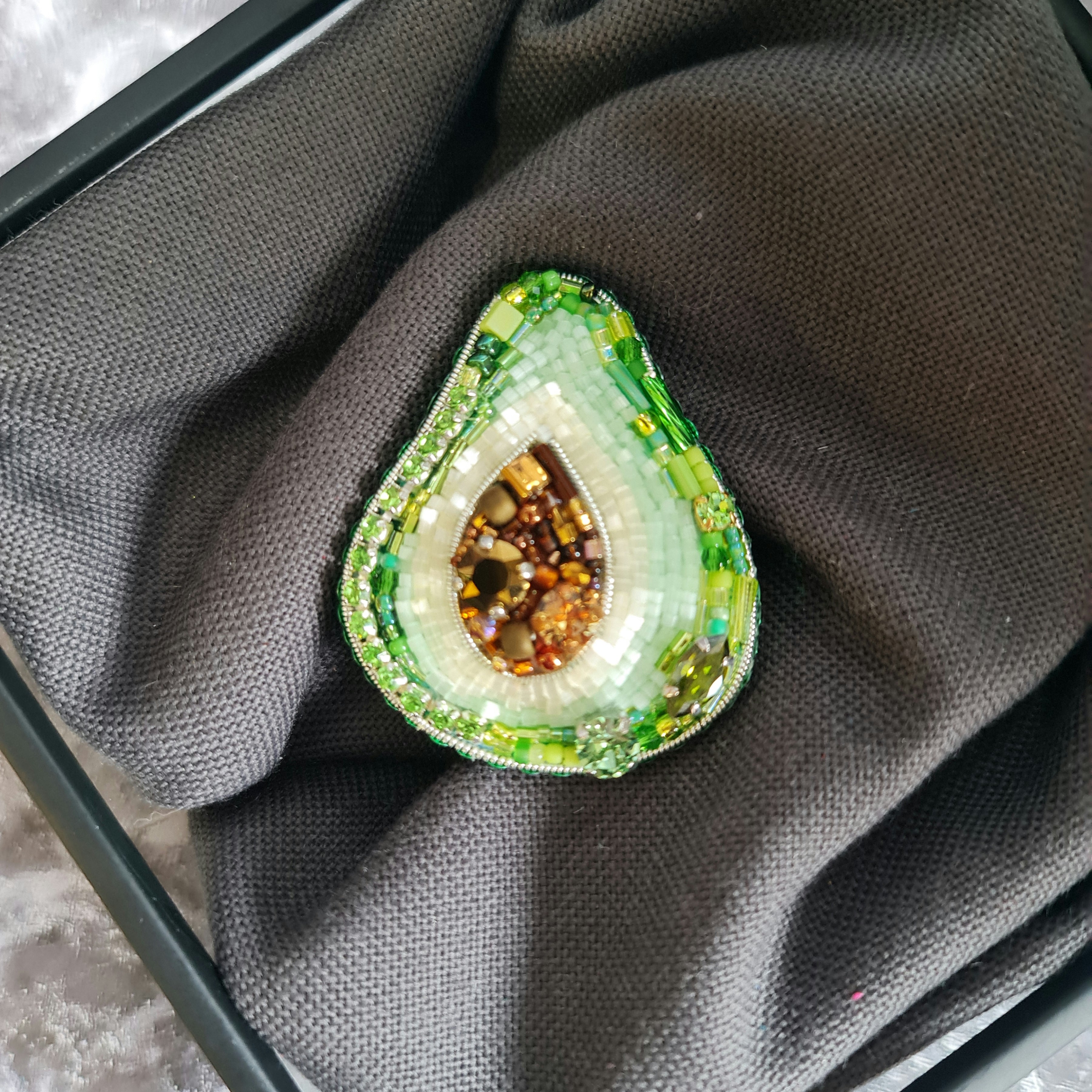 Avocado beaded brooch hand embroidered with Japanese beads and crystals
