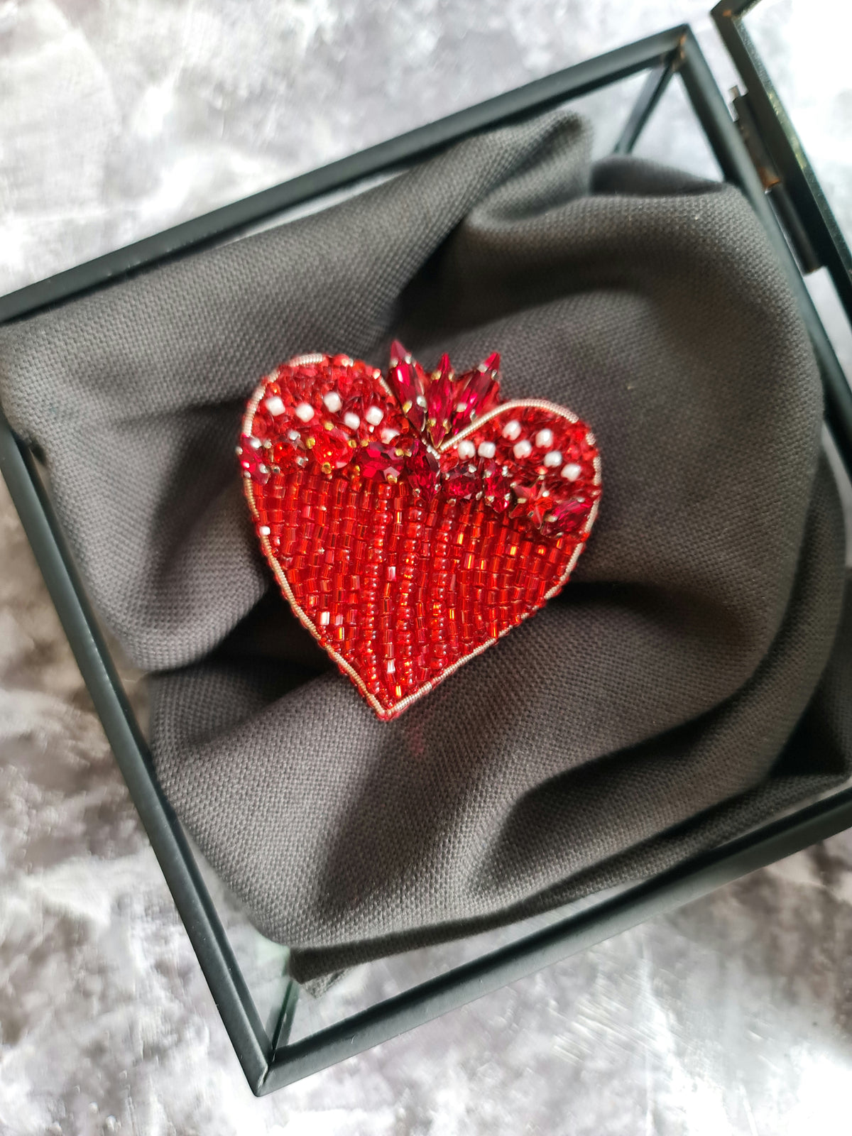 Red Heart Beaded Brooch | Handmade Embroidered Heart Pin