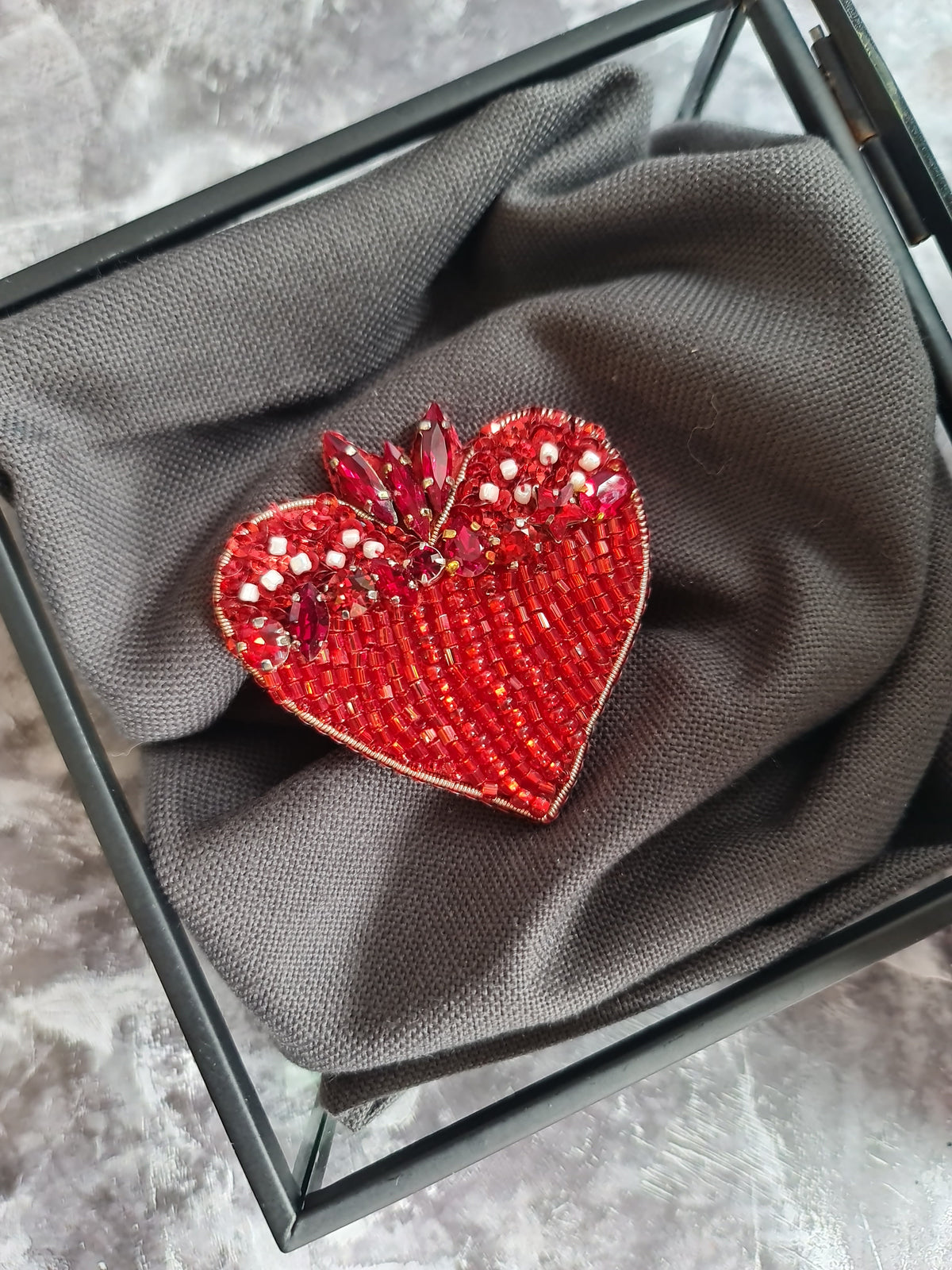 Red Heart Beaded Brooch | Handmade Embroidered Heart Pin