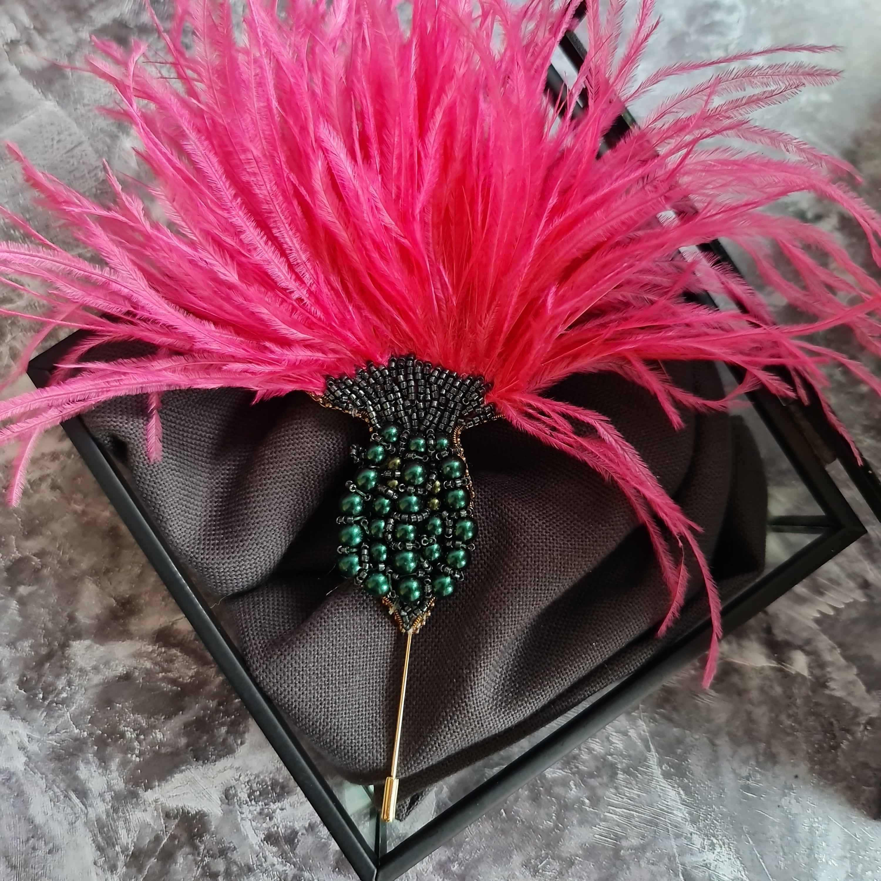Handmade Feather Thistle statement brooch with beaded base and soft feathers, available in beige brown and bright pink color option