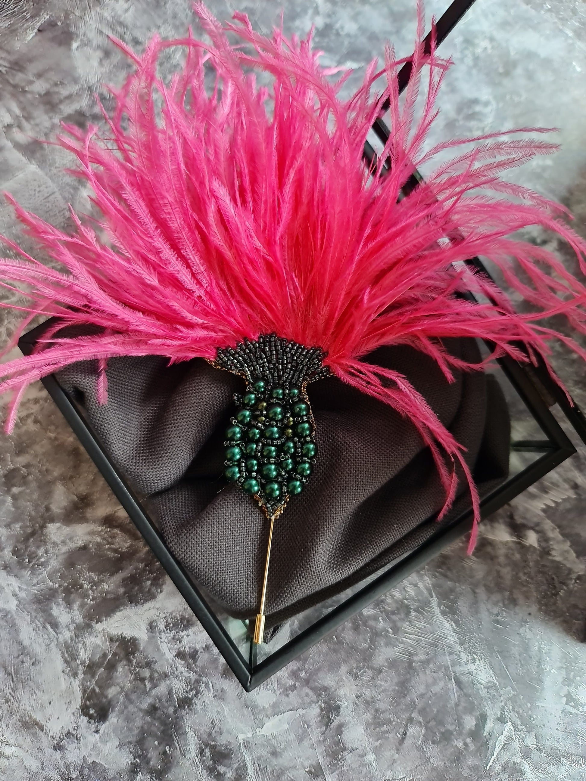 Handmade Feather Thistle statement brooch with beaded base and soft feathers, available in beige brown and bright pink color option