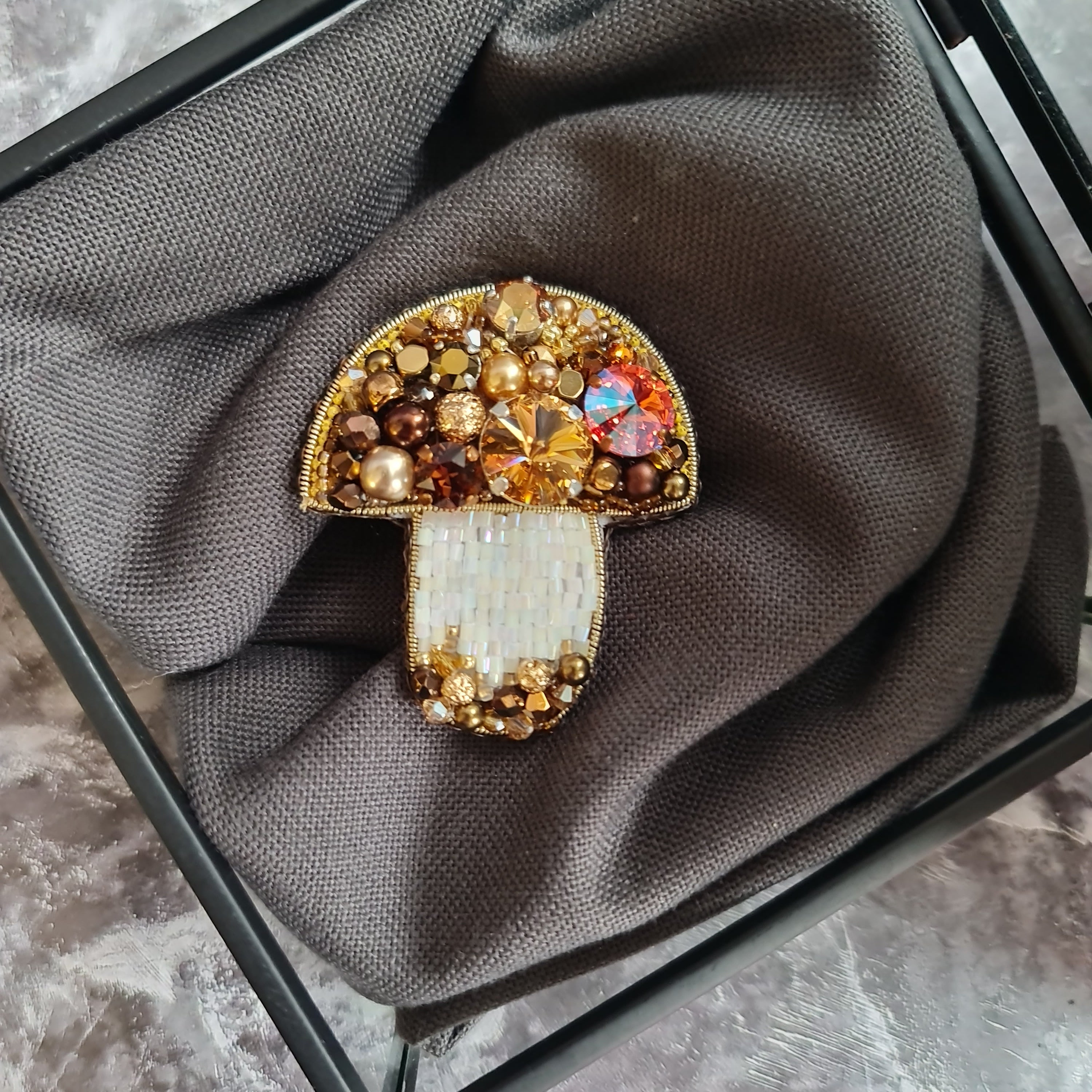 Brown mushroom beaded brooch hand embroidered with white beads crystals and gold details