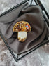 Brown mushroom beaded brooch hand embroidered with white beads crystals and gold details