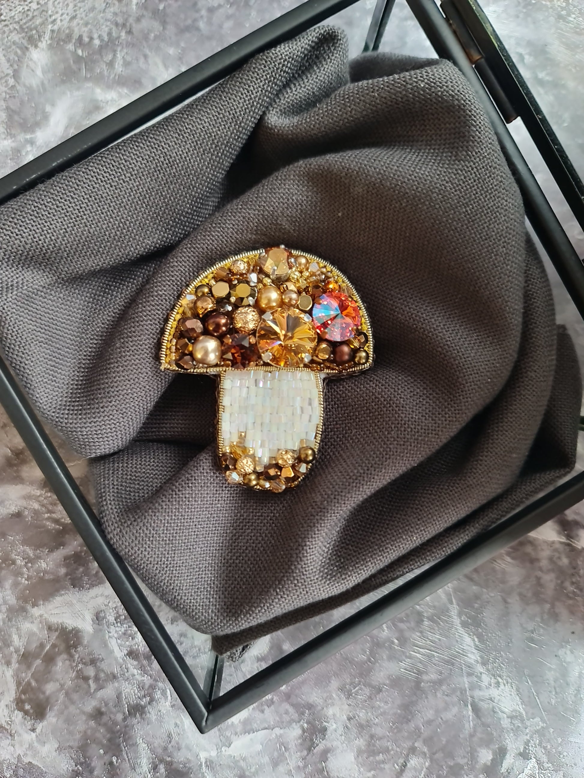 Brown mushroom beaded brooch hand embroidered with white beads crystals and gold details
