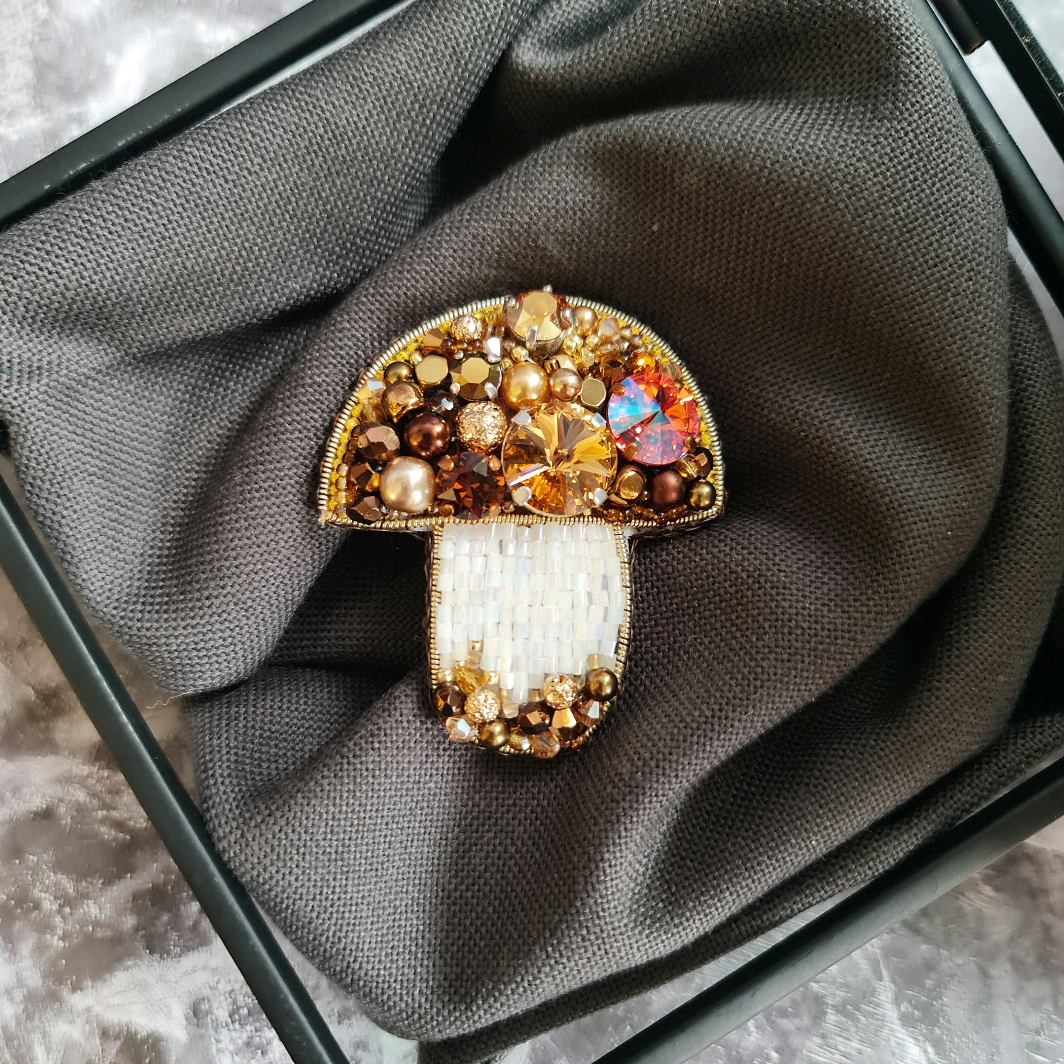 Brown mushroom beaded brooch hand embroidered with white beads crystals and gold details