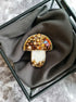 Brown mushroom beaded brooch hand embroidered with white beads crystals and gold details