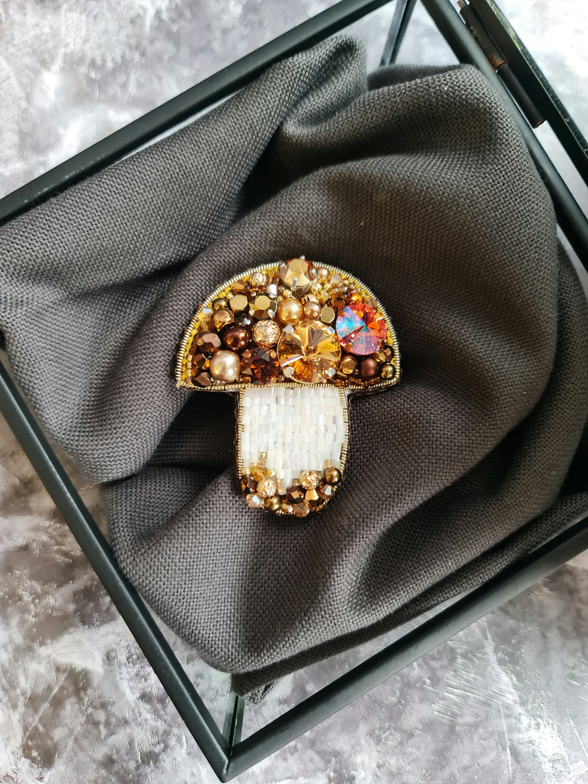 Brown mushroom beaded brooch hand embroidered with white beads crystals and gold details