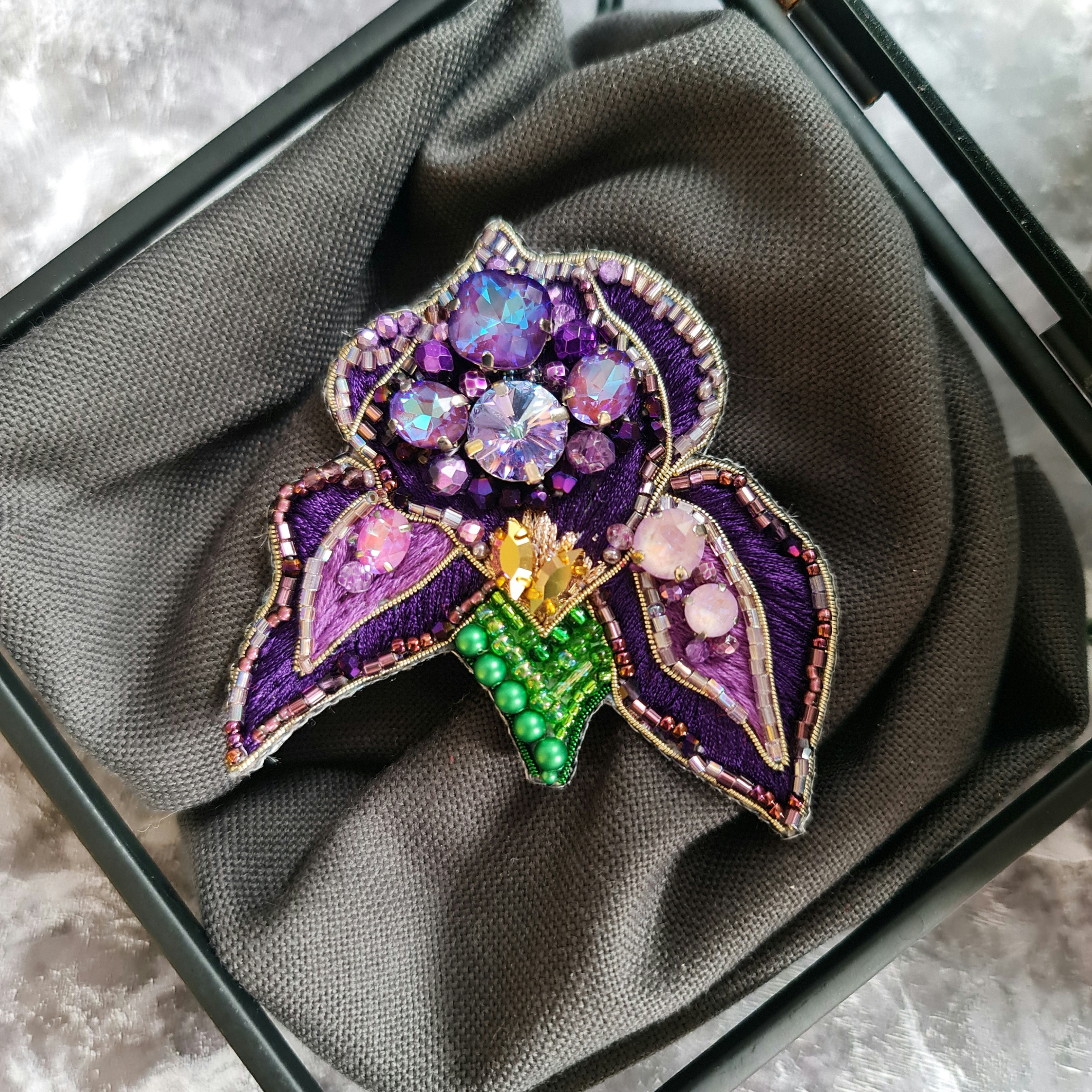 Purple iris beaded brooch hand embroidered with crystals green stem and violet petals