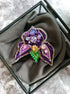 Purple iris beaded brooch hand embroidered with crystals green stem and violet petals