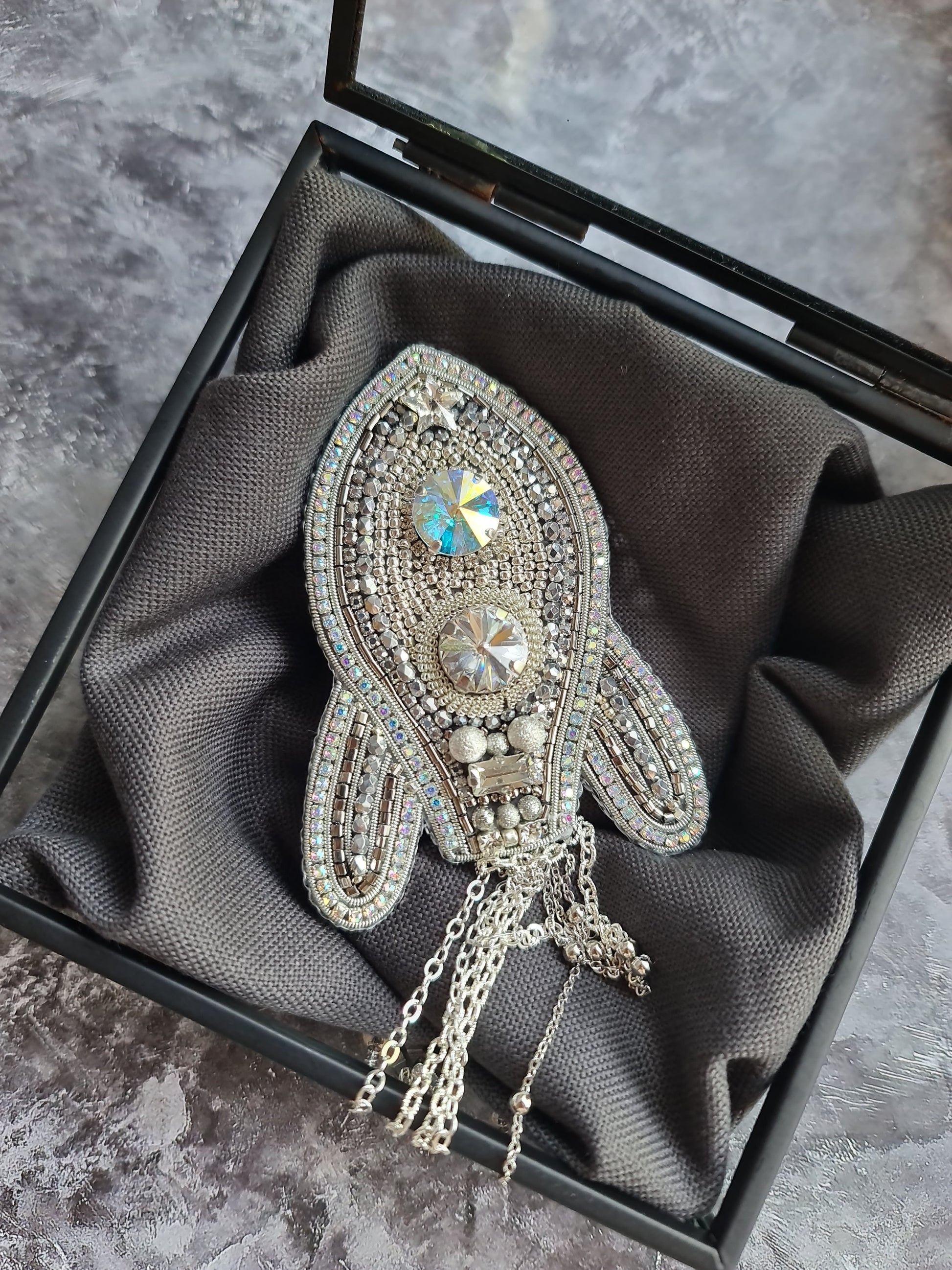 Rocket beaded brooches hand embroidered in silver rose gold and green purple colors with crystals pearls and celestial details