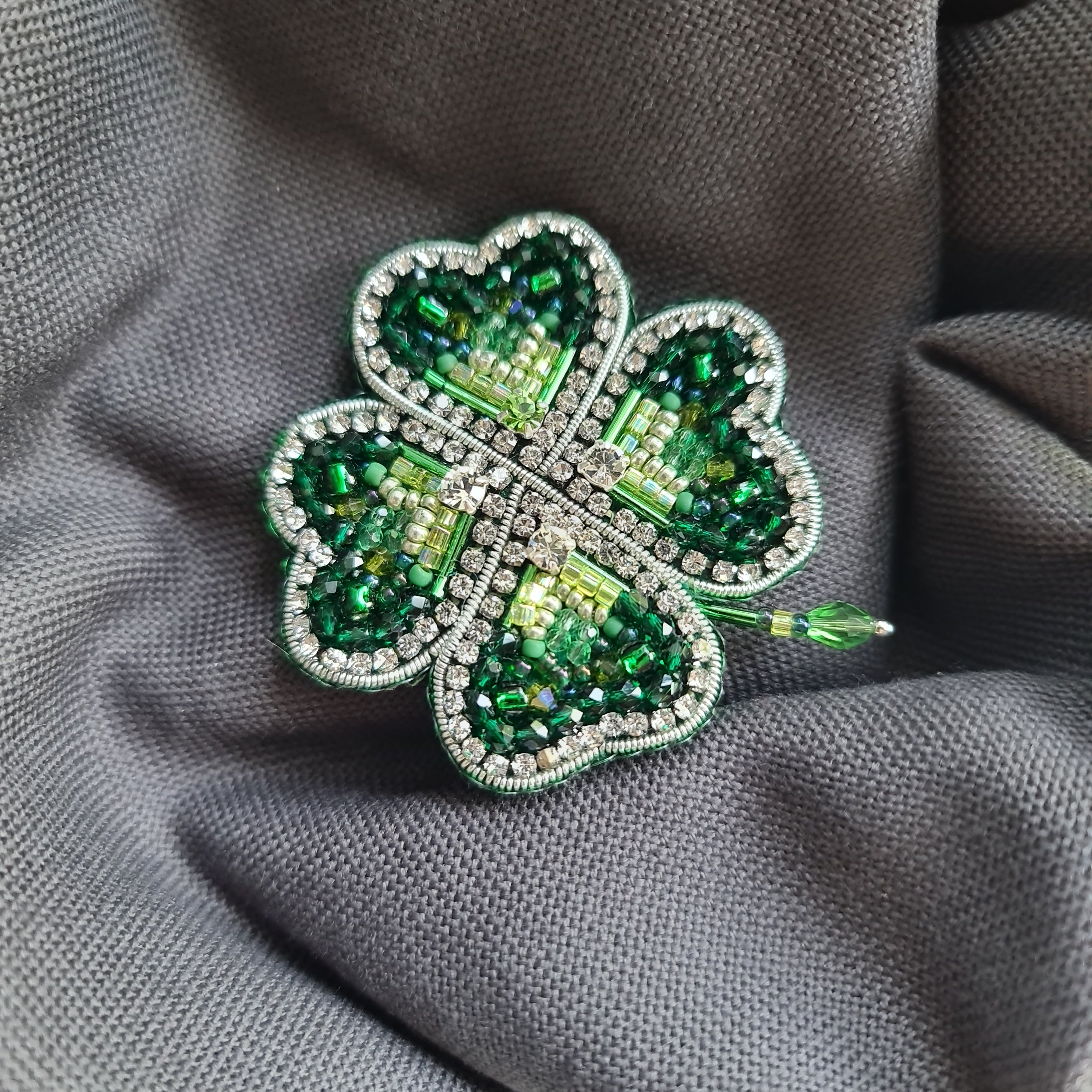 Green clover beaded brooch hand embroidered with rhinestones beads and crystal details