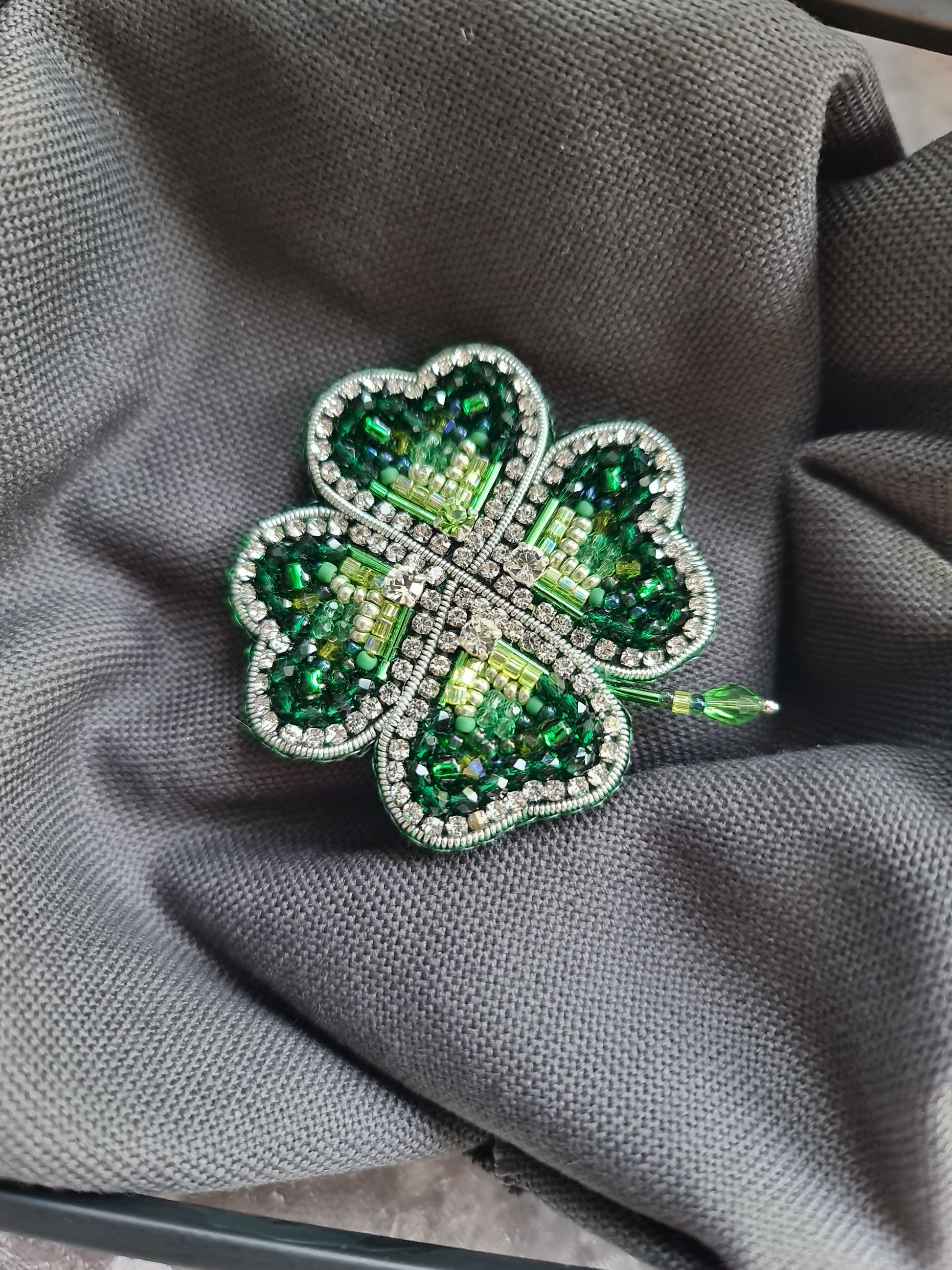 Green clover beaded brooch hand embroidered with rhinestones beads and crystal details