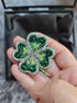 Green clover beaded brooch hand embroidered with rhinestones beads and crystal details