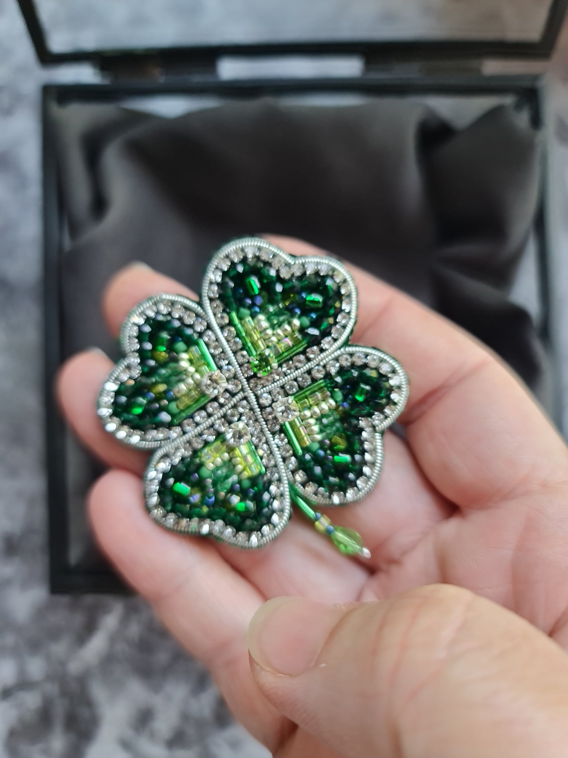 Green clover beaded brooch hand embroidered with rhinestones beads and crystal details