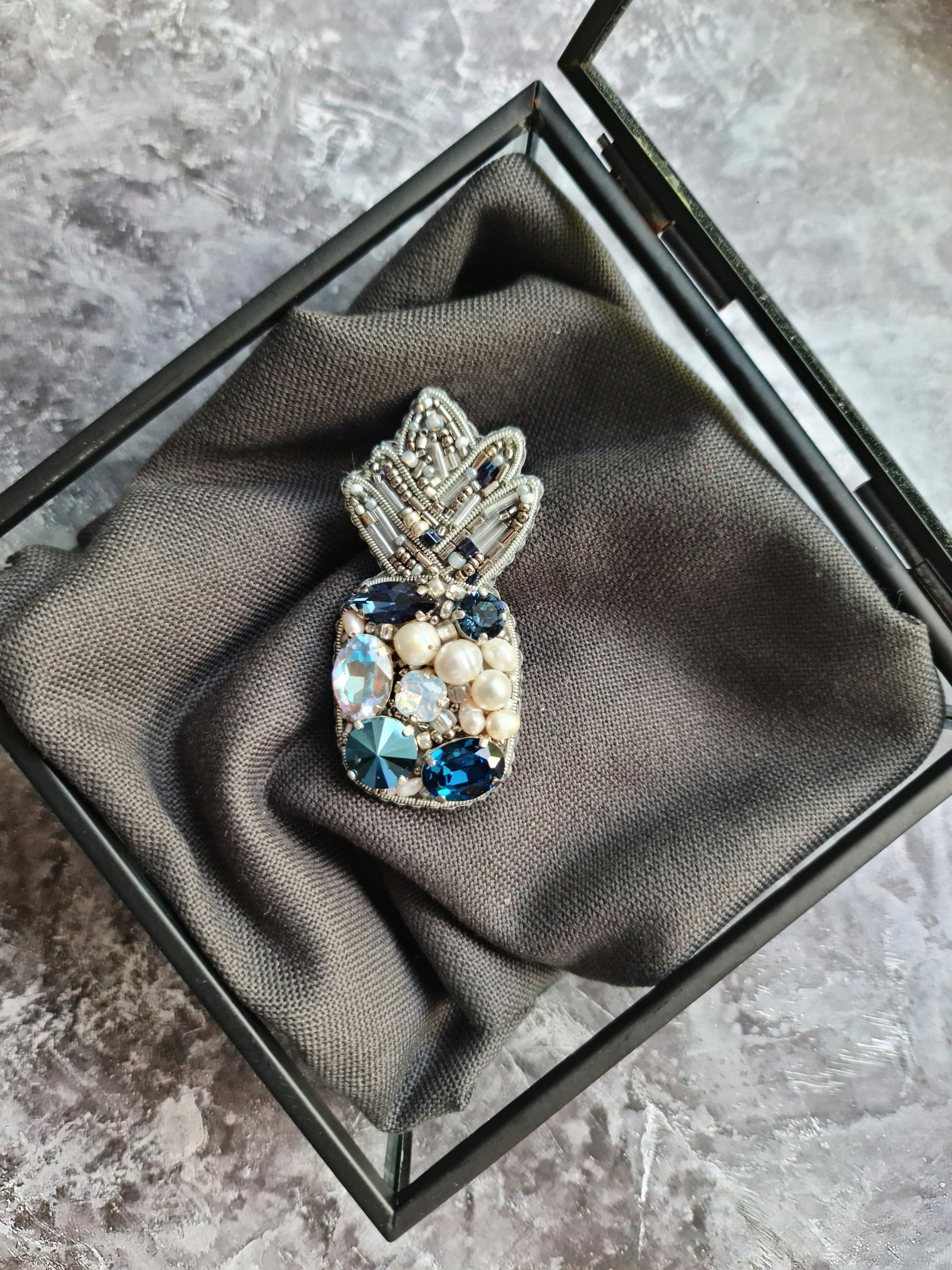 Silver Blue Pineapple Beaded Brooch