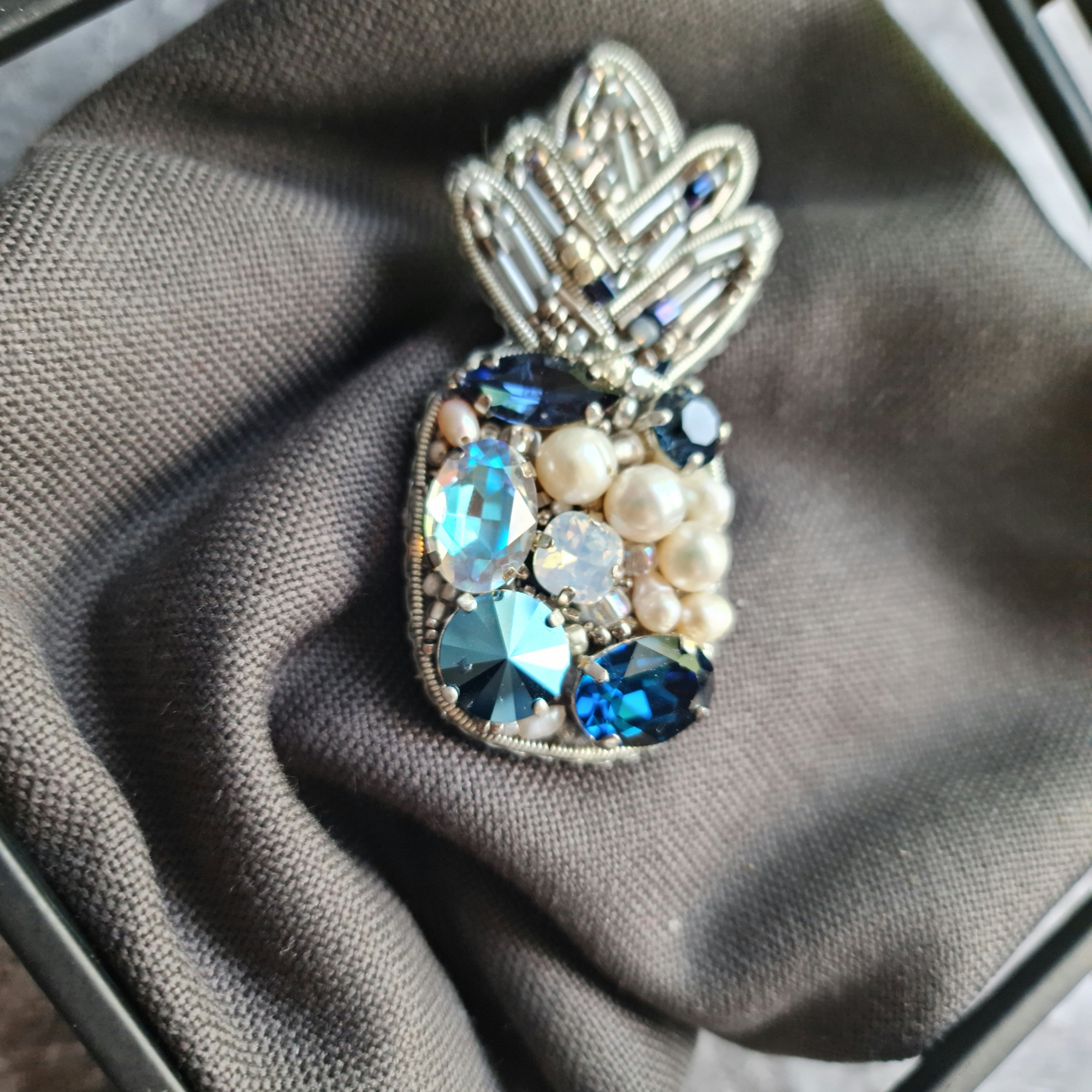 Silver blue pineapple beaded brooch hand embroidered with pearls crystals and metallic leaves