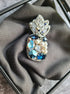 Silver blue pineapple beaded brooch hand embroidered with pearls crystals and metallic leaves