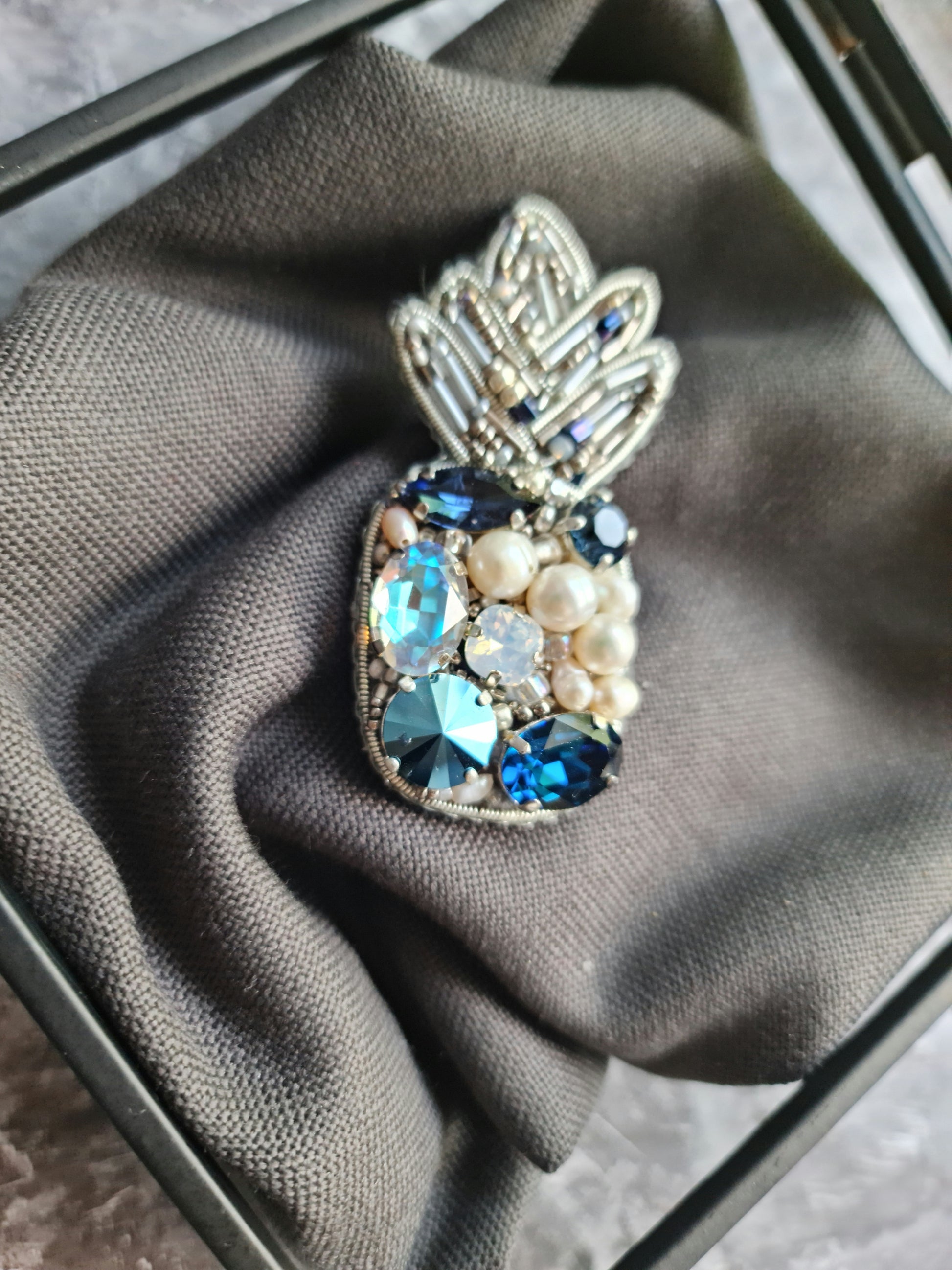 Silver blue pineapple beaded brooch hand embroidered with pearls crystals and metallic leaves