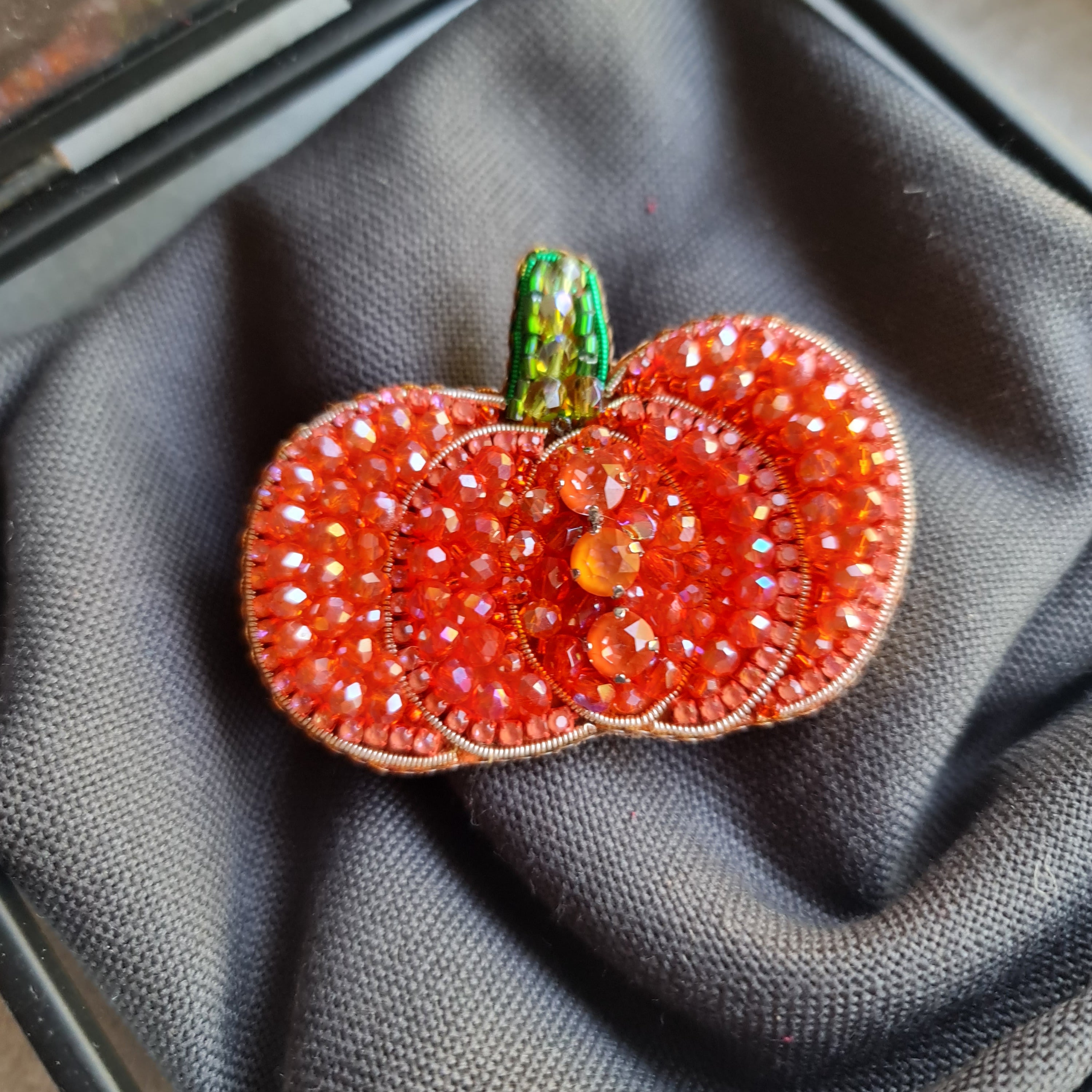 Pumpkin beaded brooch hand embroidered with orange beads crystals and green stem detail