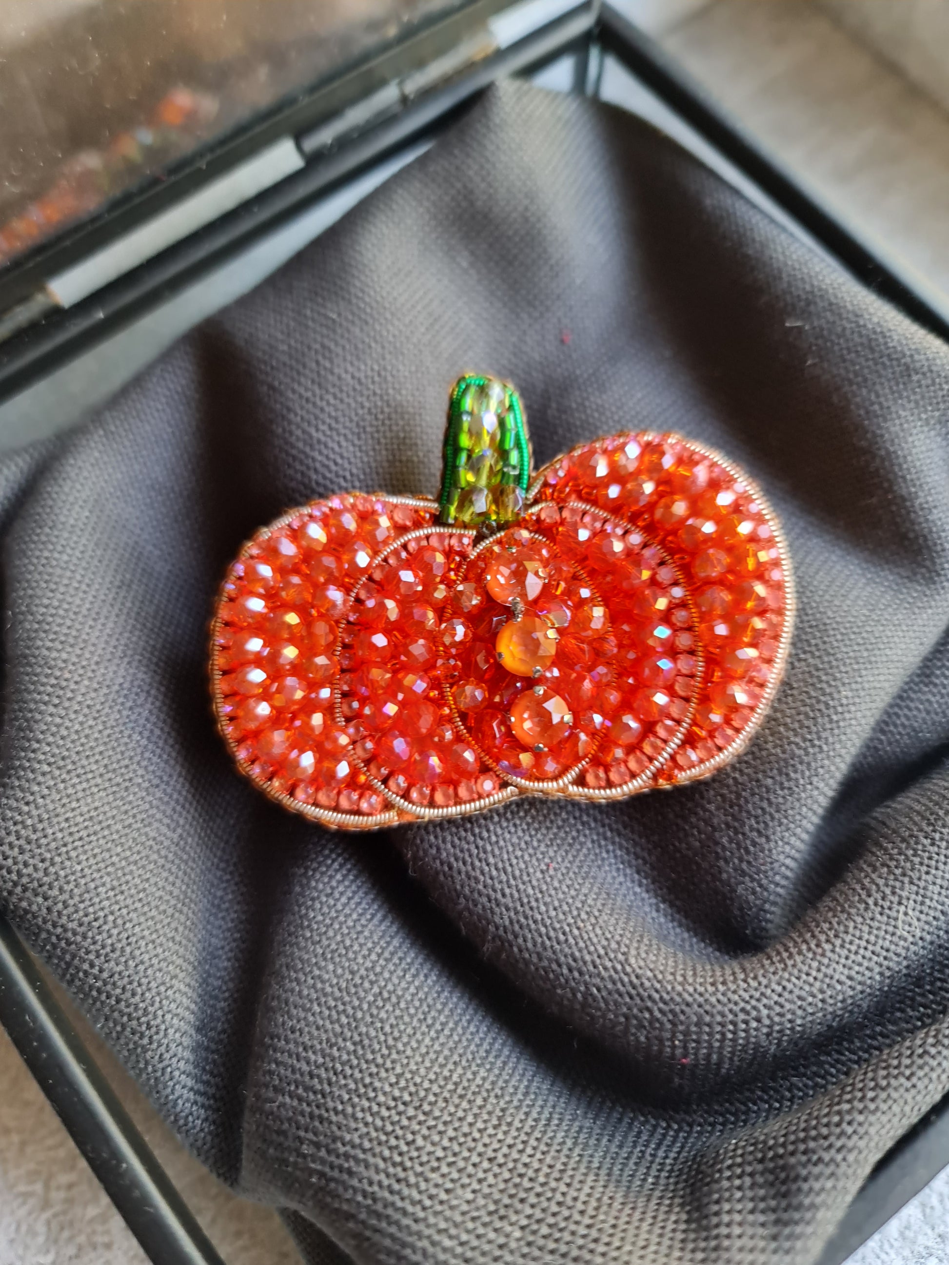 Pumpkin beaded brooch hand embroidered with orange beads crystals and green stem detail