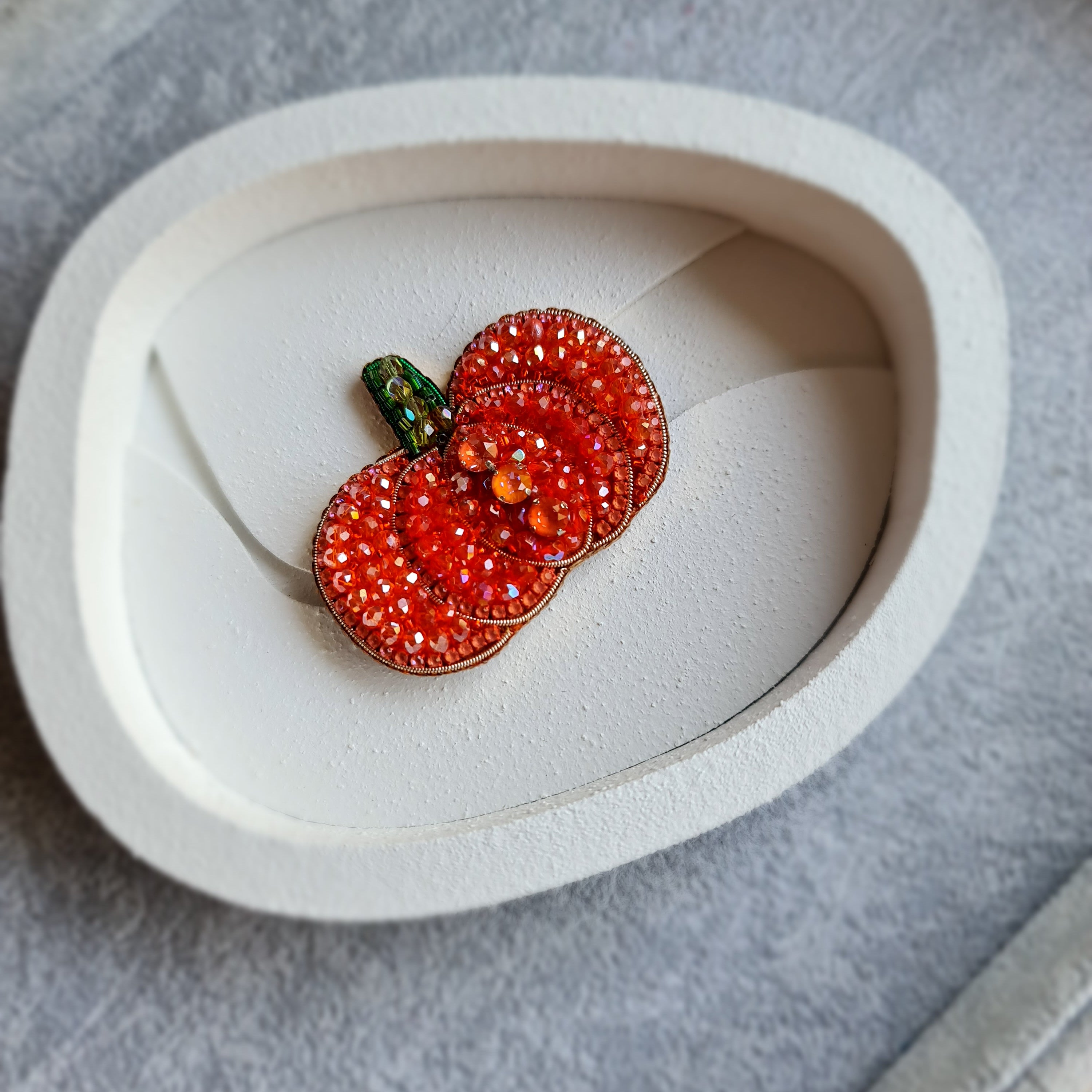 Pumpkin beaded brooch hand embroidered with orange beads crystals and green stem detail
